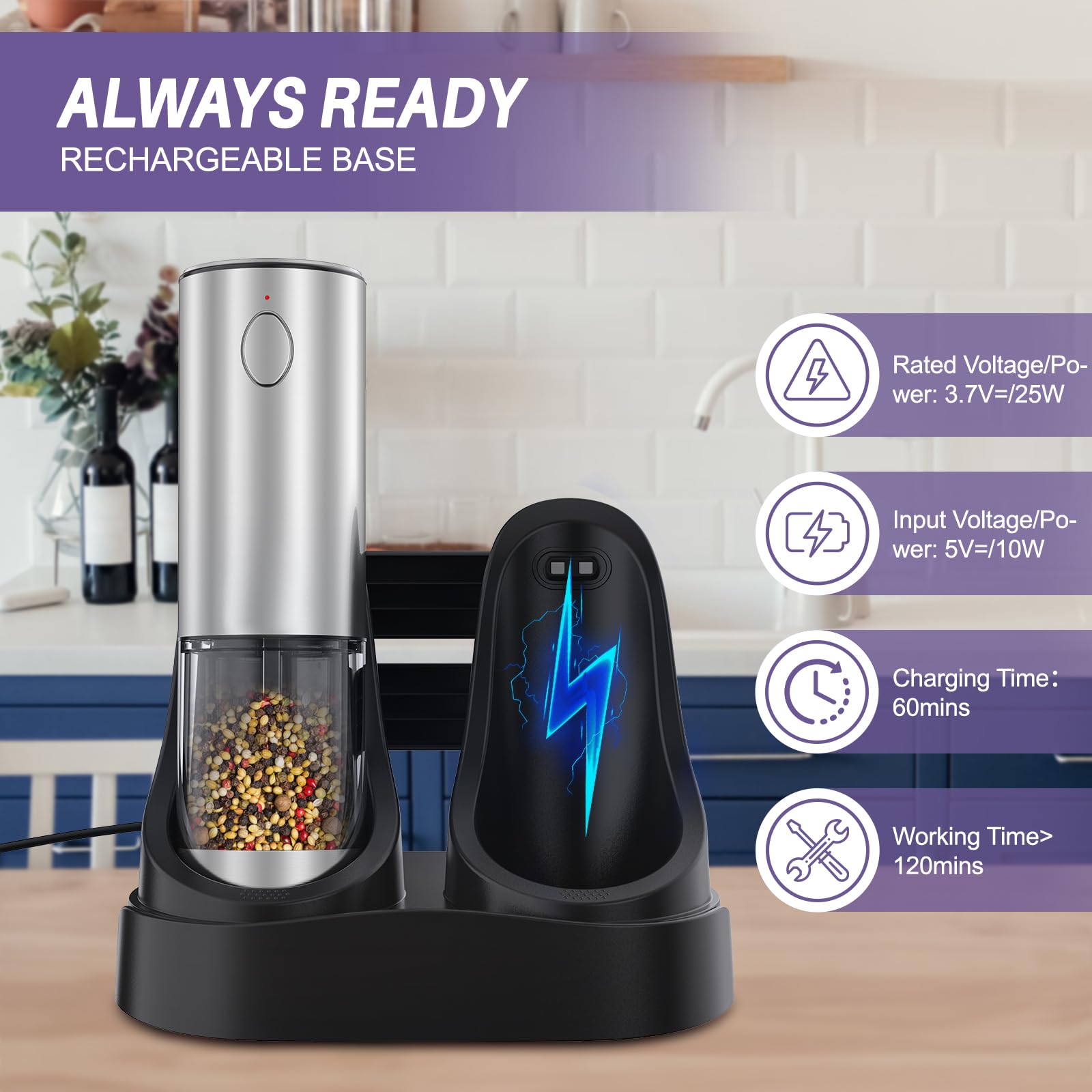 Electric Salt And Pepper Grinder Set, Automatic Pepper Mill Grinder W/Upgraded Charge Base And Led Light,Adjustable Coarseness,R