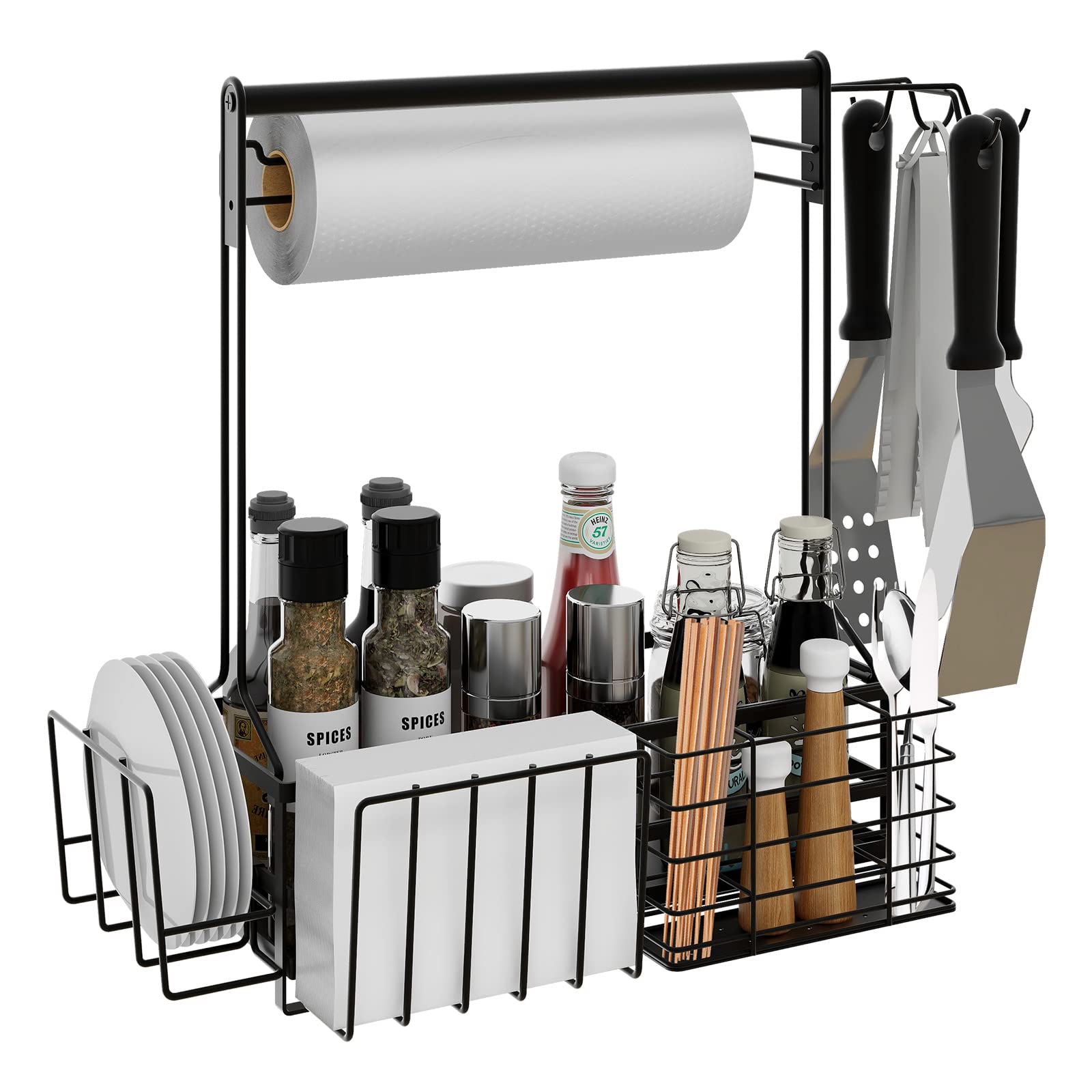 Bbq And Grill Caddy With Paper Towel Holder, Iron Steel Handle & 4 Hooks - Camper Accessories Condiment Caddy - Plates, Cutlery