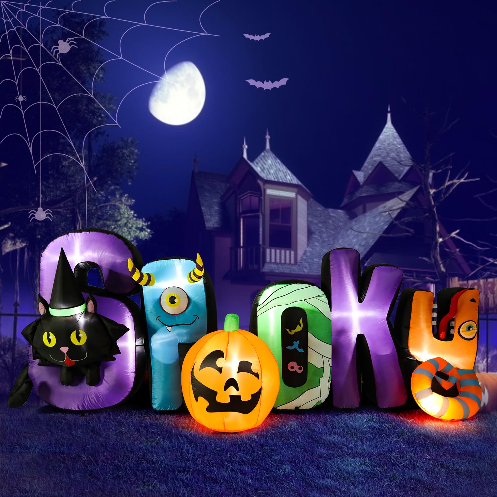 MUMTOP 8.85 Ft Long Inflatable Outdoor Halloween Decoration, Inflatables Spooky Sign with Black Cat Halloween Pumpkin Decoration