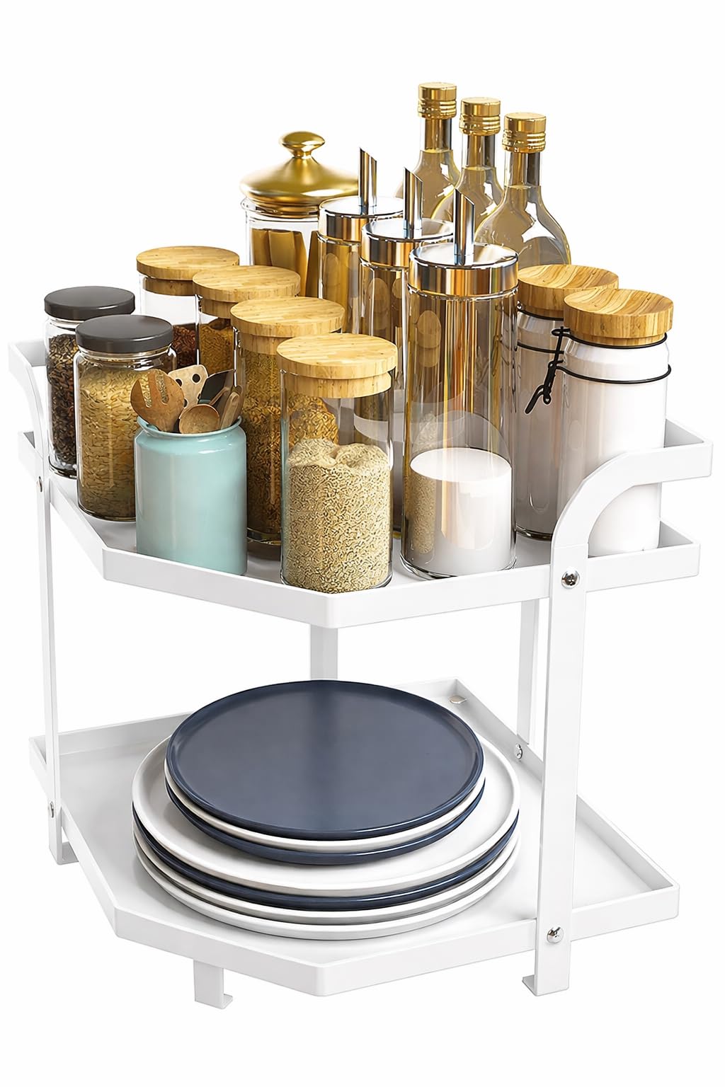 Ogfc 59517 Decorative Alloy Steel TwoTier Corner Shelf Kitchen Counter Rack  Cabinet Pantry Organizer, Plate Shelf, Spice Rack
