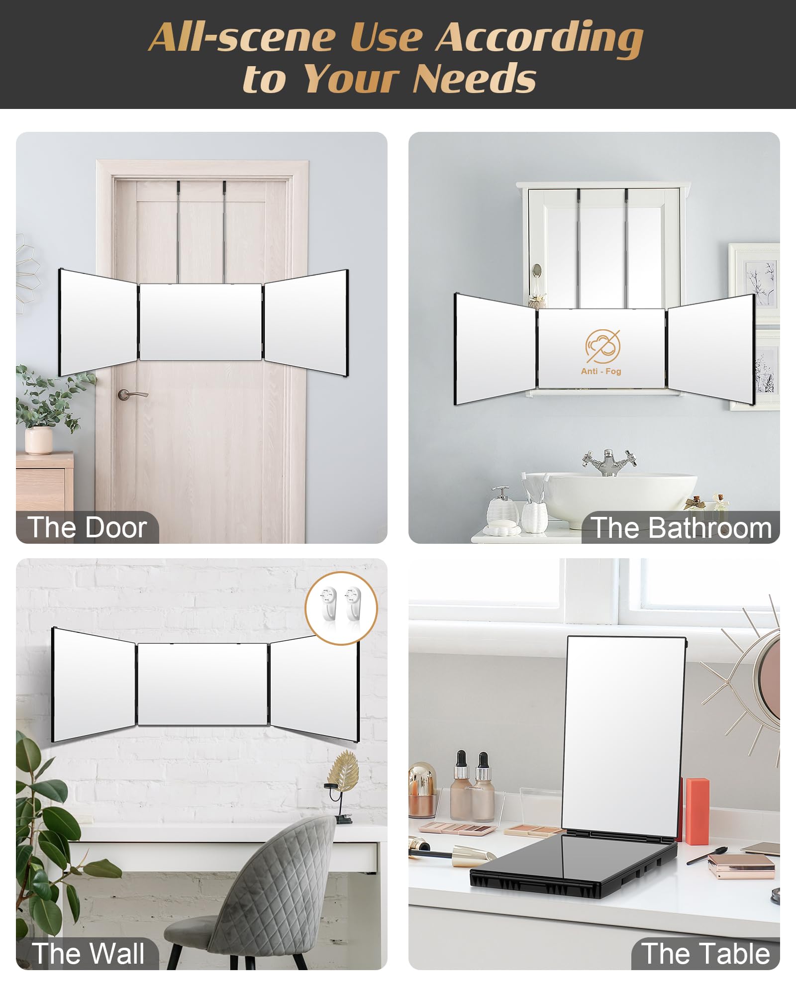 Jusron 3 Way Mirror For Hair Cutting, 360 Mirror With Height Adjustable Hooks For Door, Bathroom, Portable Trifold Shaving Barbe