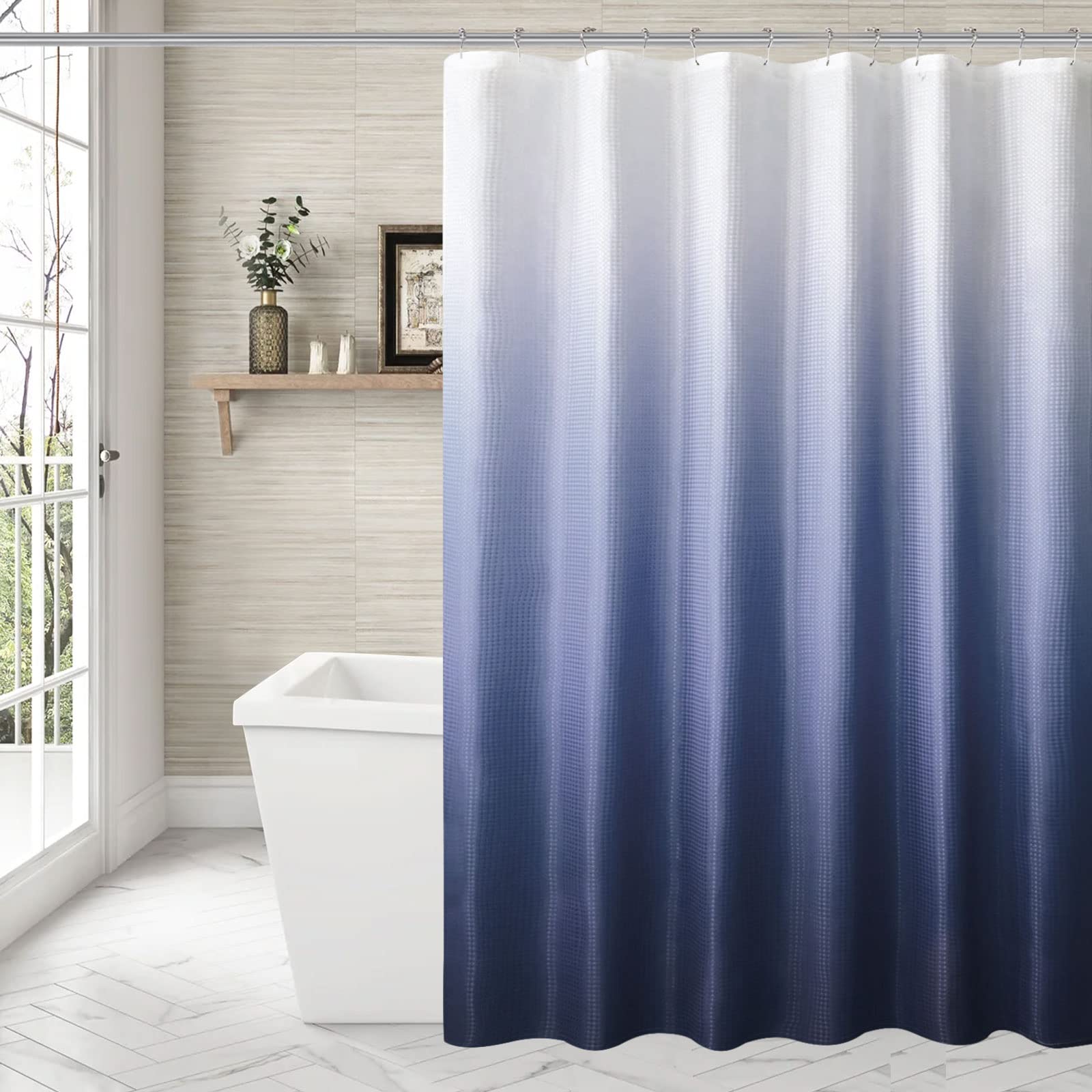 Bbiggood Navy Blue Shower Curtain, Waffle Weave Ombre Shower Curtain Set With Hook Of Bathroom, Modern Gradient Fabric Bathroom