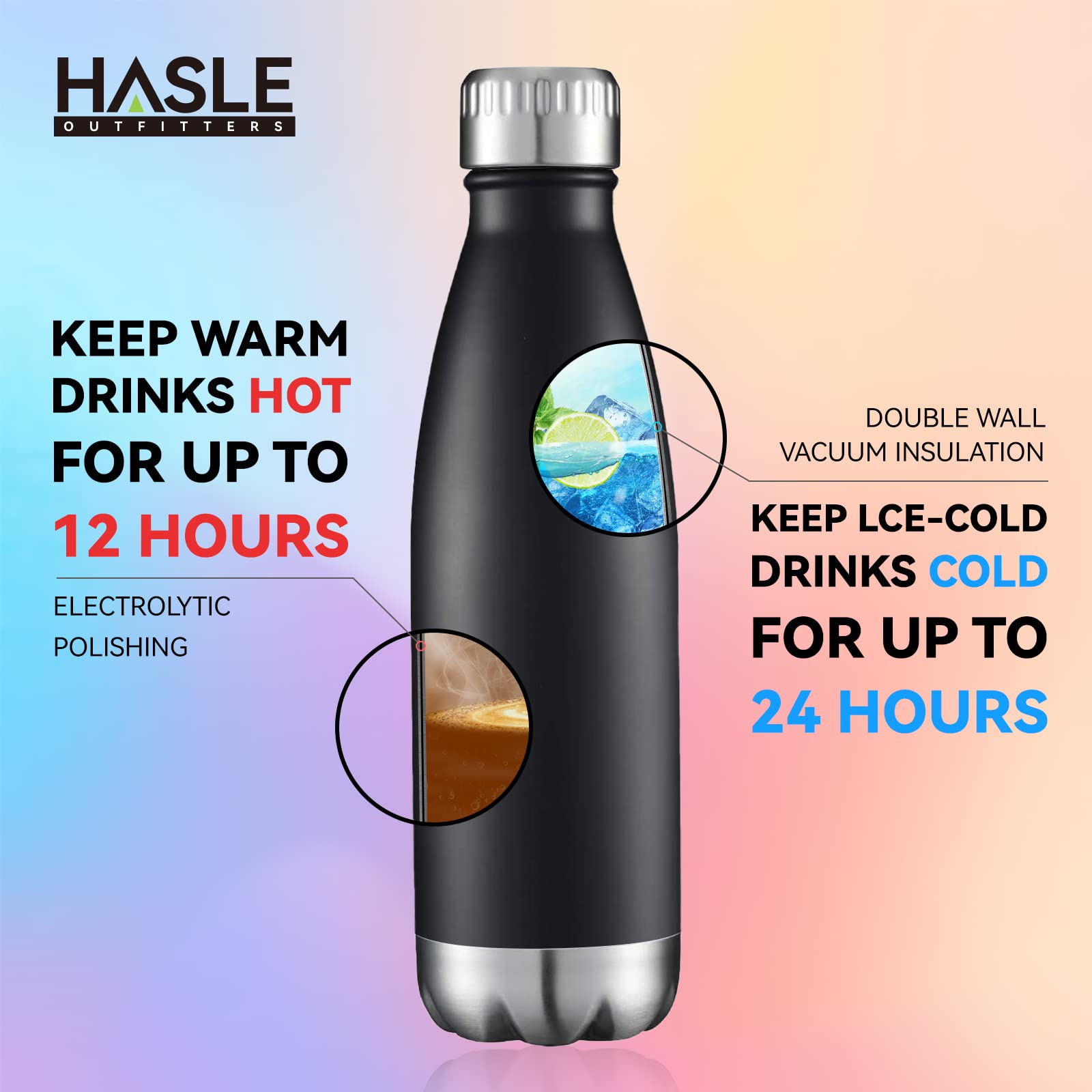 Hasle Outfitters 17Oz Stainless Steel Water Bottles, Vacuum Insulated Water Bottles Double Walled Reusable Metal Sports Water Bo