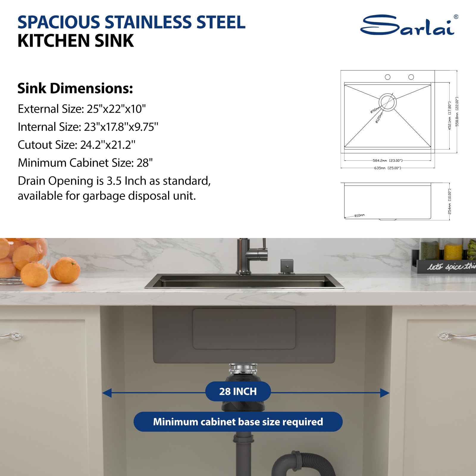 Sarlai 25 X 22 Inch Topmount Ledge Workstation Gunmetal Black Stainless Steel 16 Gauge Single Bowl Over Counter Utility Laundry
