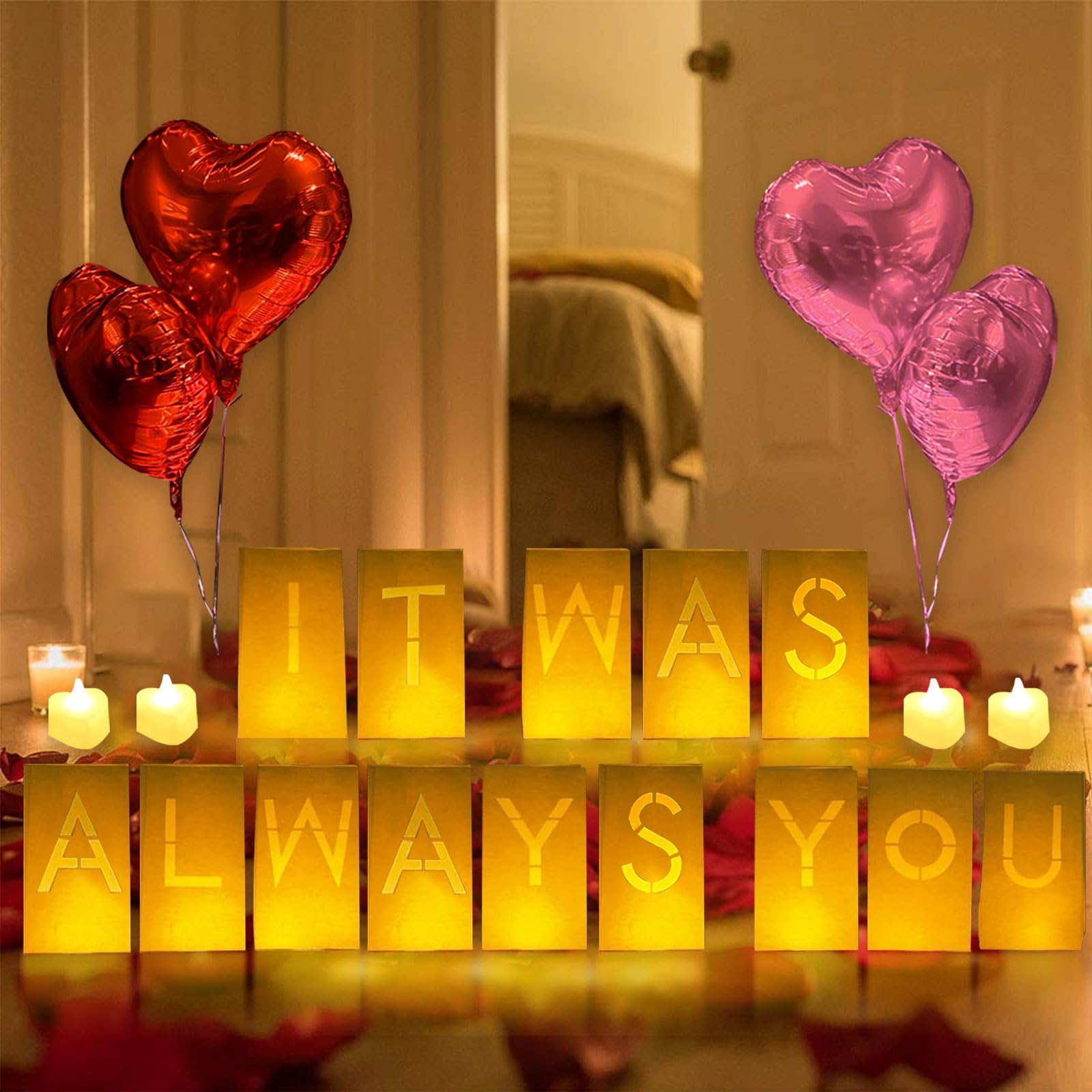 It Was Always You Lighted Letters Sign 8pcs Luminary Paper Bags 2000pcs Red Pink Artificial Rose Petals 48pcs Flameless LED Cand