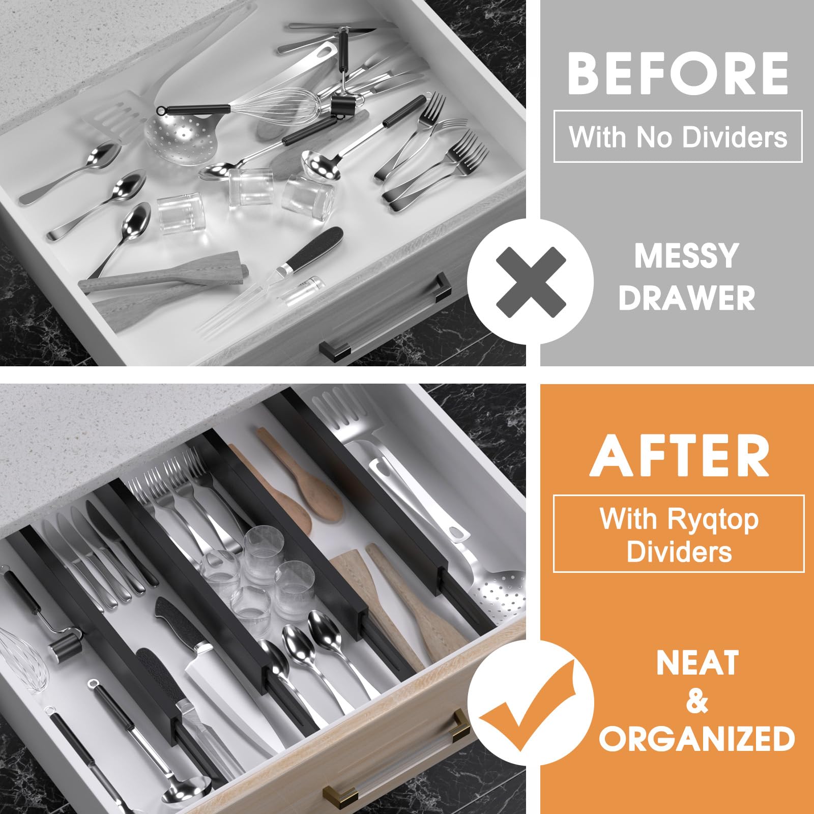 Ryqtop Bamboo Drawer Dividers Organizers, Kitchen Drawer Organizer, Adjustable Drawer Divider for clothes, Kitchen, Dresser, Bed