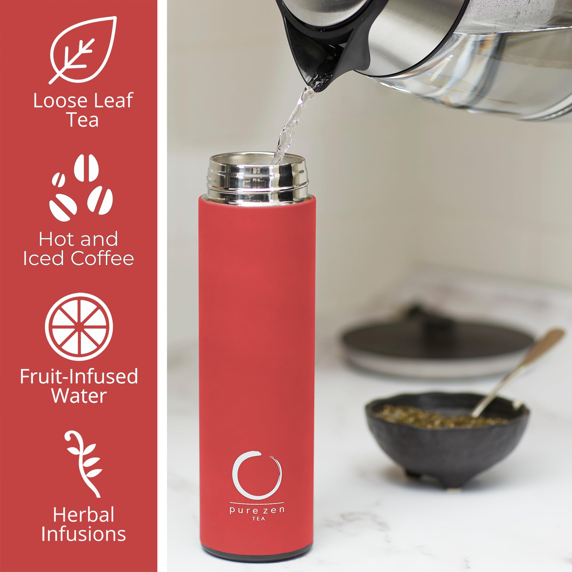 Pure Zen Tea Thermos With Infuser For Tea, Coffee And Fruit-Infused Water - Stainless Steel - Tea Infuser Bottle - Leakproof Tra