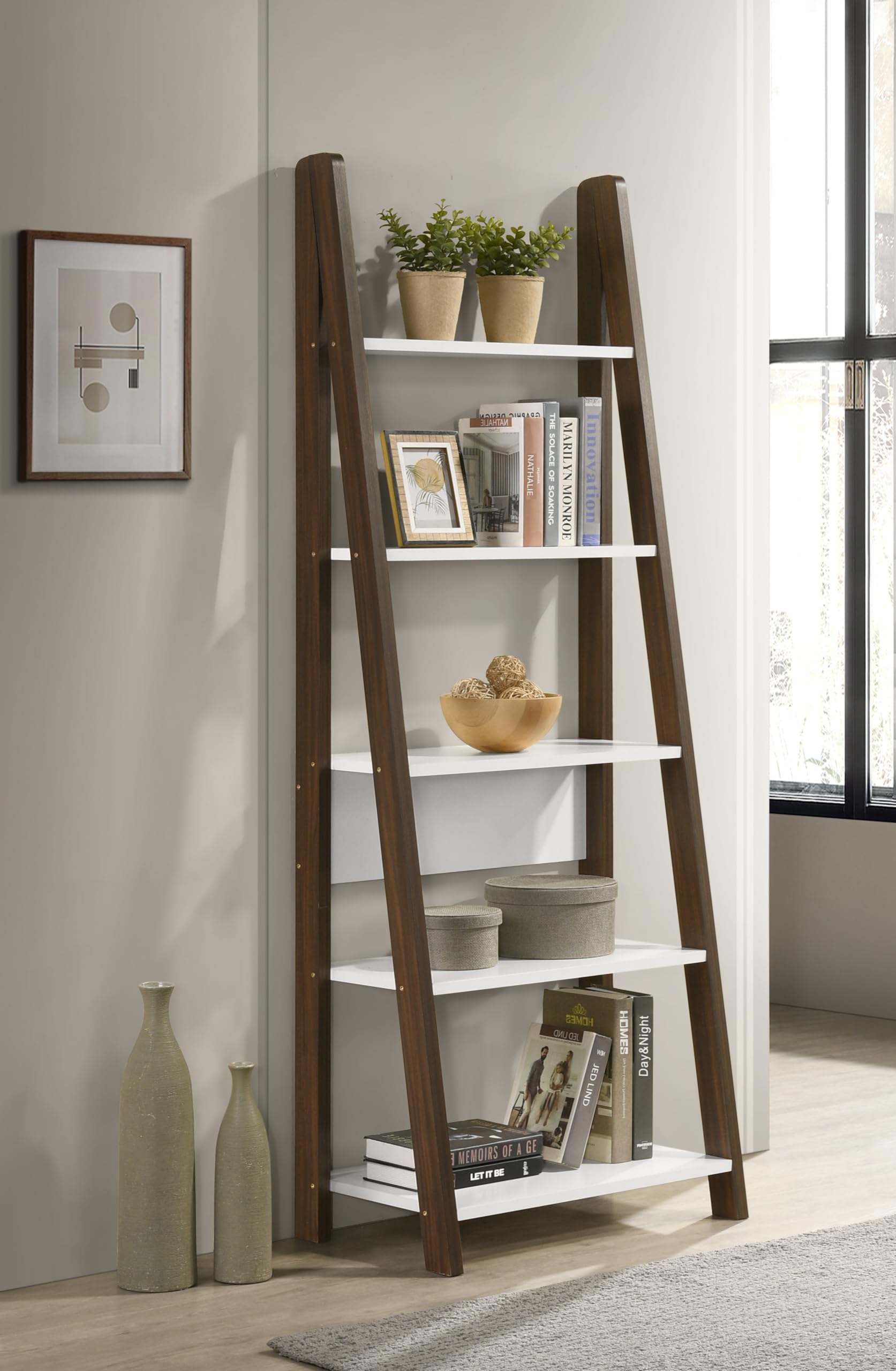 Deckup Plank Reno Engineered Wood Ladder Book Shelf And Display Unit (Walnut And White, Matte Finish)