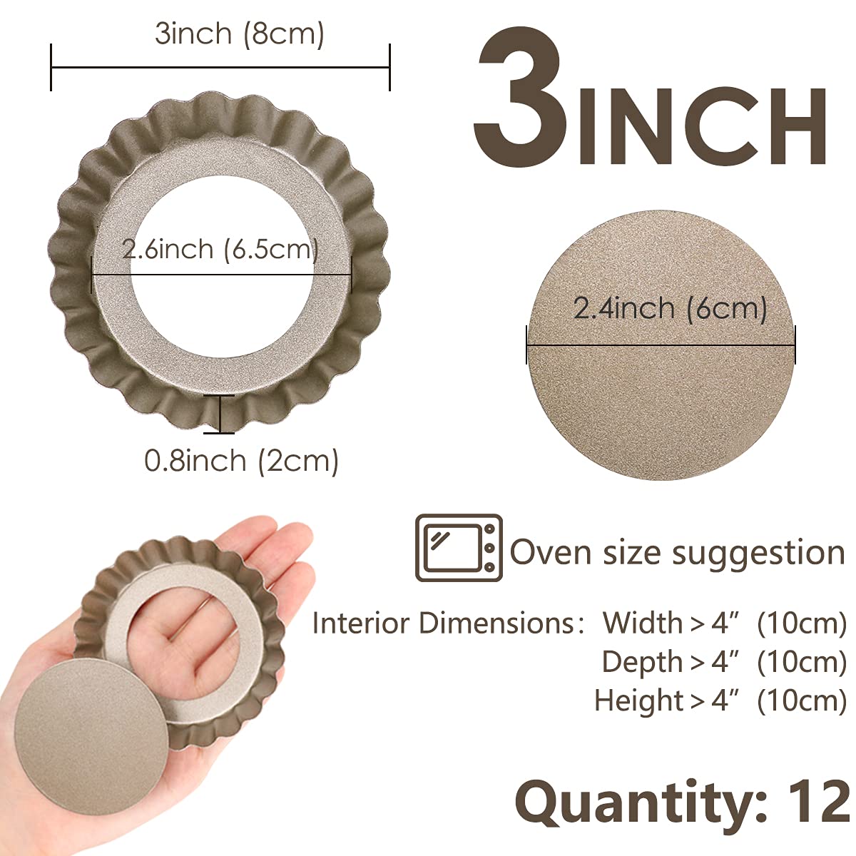 Swetwiny 12 Pcs Egg Tart Mold, 3'' Mini Tart Pans Removable Bottom For Baking, Kitchen Reusable Baking Tools, Cupcake Cake Muffi