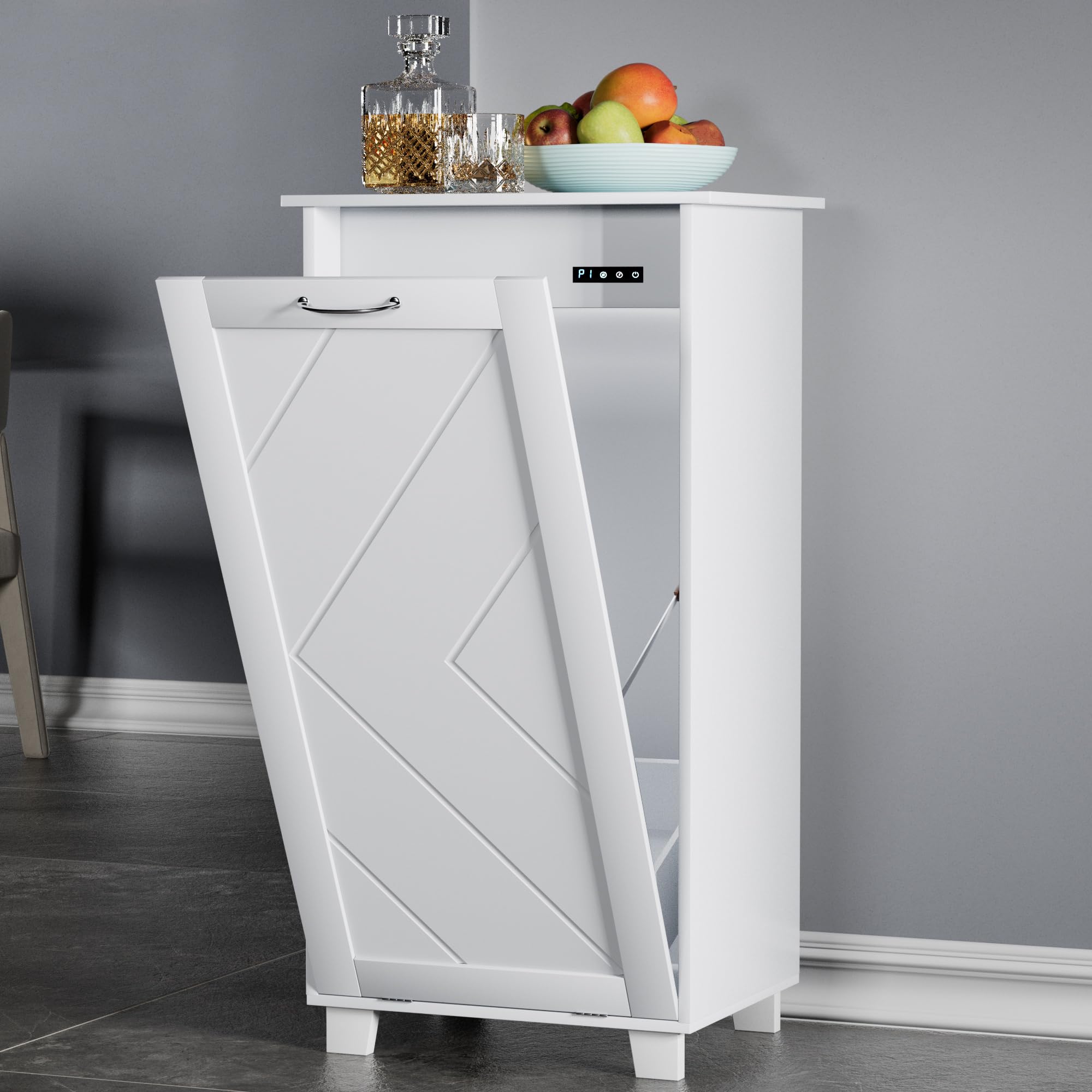 Vecelo Tilt Out Kitchen Trash Bin Cabinet, Dog Proof Garbage Can With Wood Holder Free Standing Recycling, White
