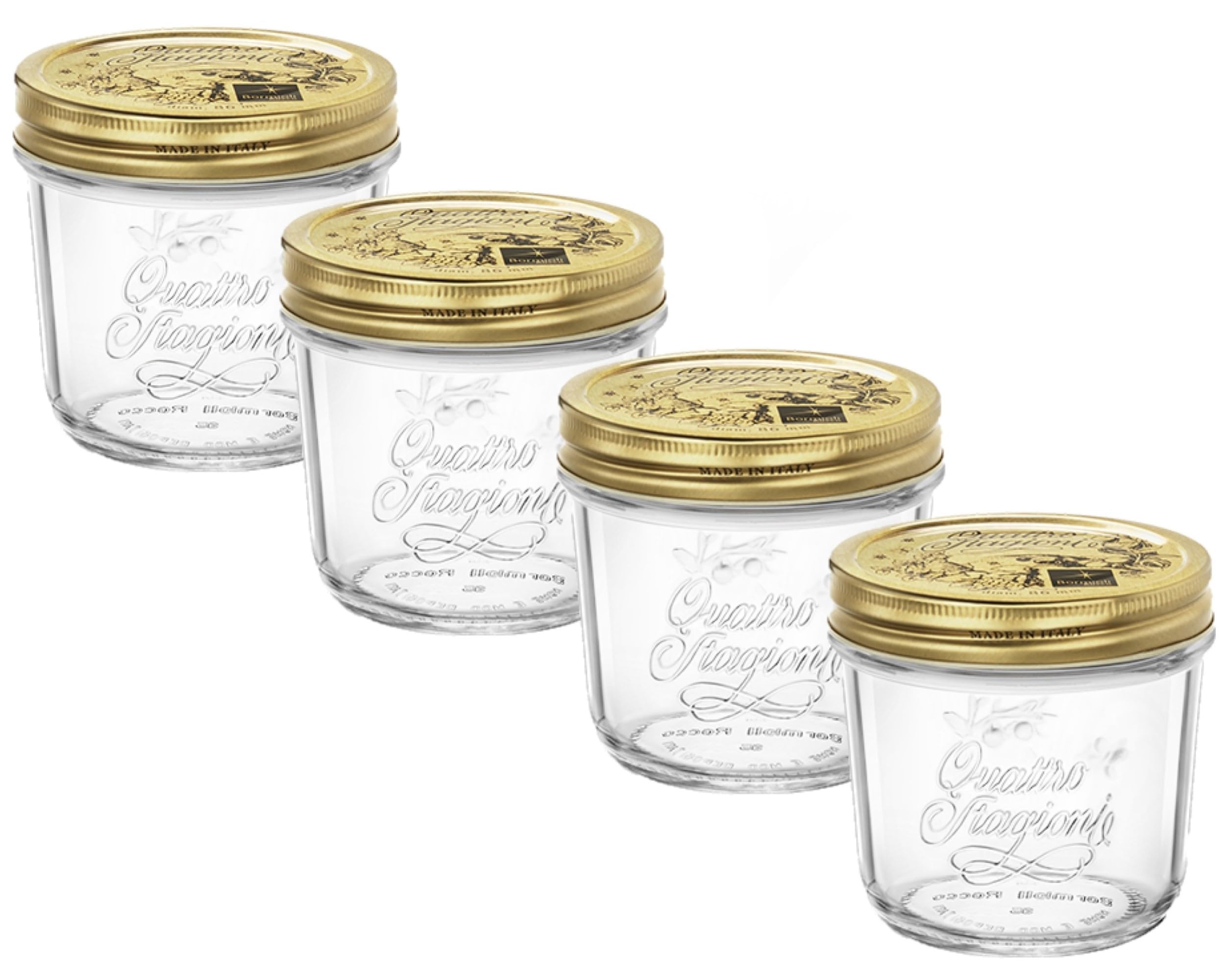 Bormioli Rocco Quattro Stagioni set of 4 Clear Airtight Mason Jars, 6.75 Oz. Made from BPA Free Durable Glass, Made In Italy.