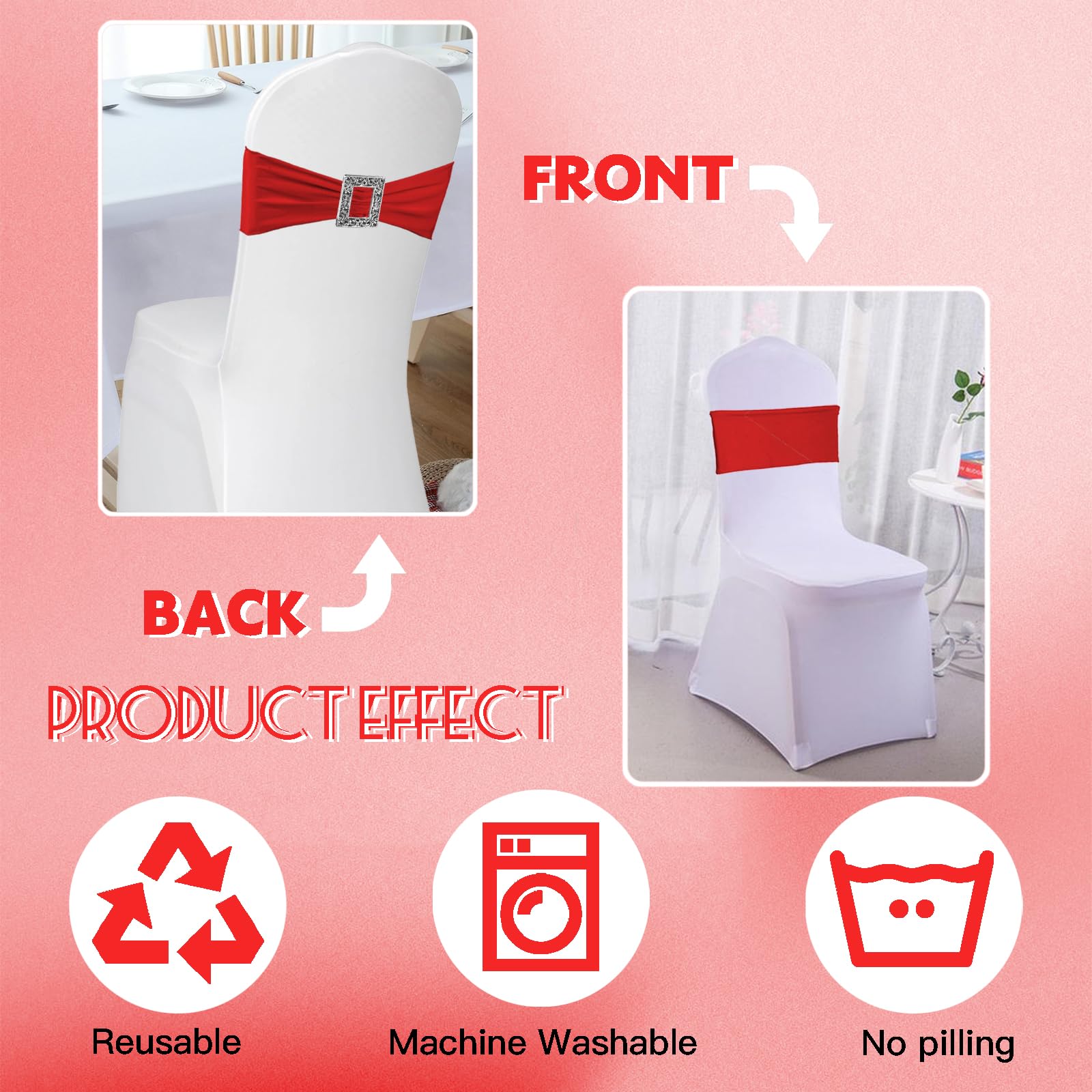 PWDAN 100 Pack Spandex Stretch Red Chair Sashes Bows, Elastic Chair Cover Bands Ties with Buckle Slider for Wedding Party Banque
