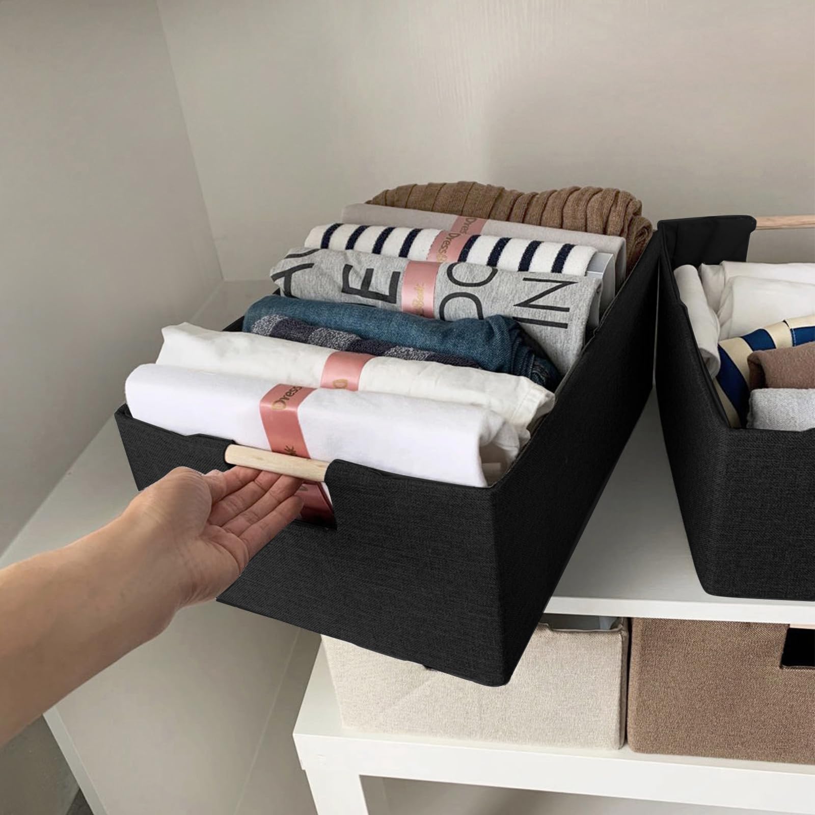 Xianshengle Fabric Storage Basket For Shelves, Collapsible Storage Bins With Wood Handles, Rectangle Closet Baskets, Wardrobe Or
