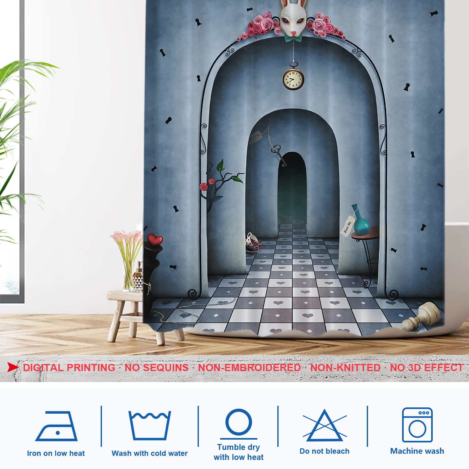 Shrahala Fantasy Blue Book Decorative Shower Curtain, White Rabbit Time Alice Wonderland Bathroom D  Cor Polyester Fiber Waterpr