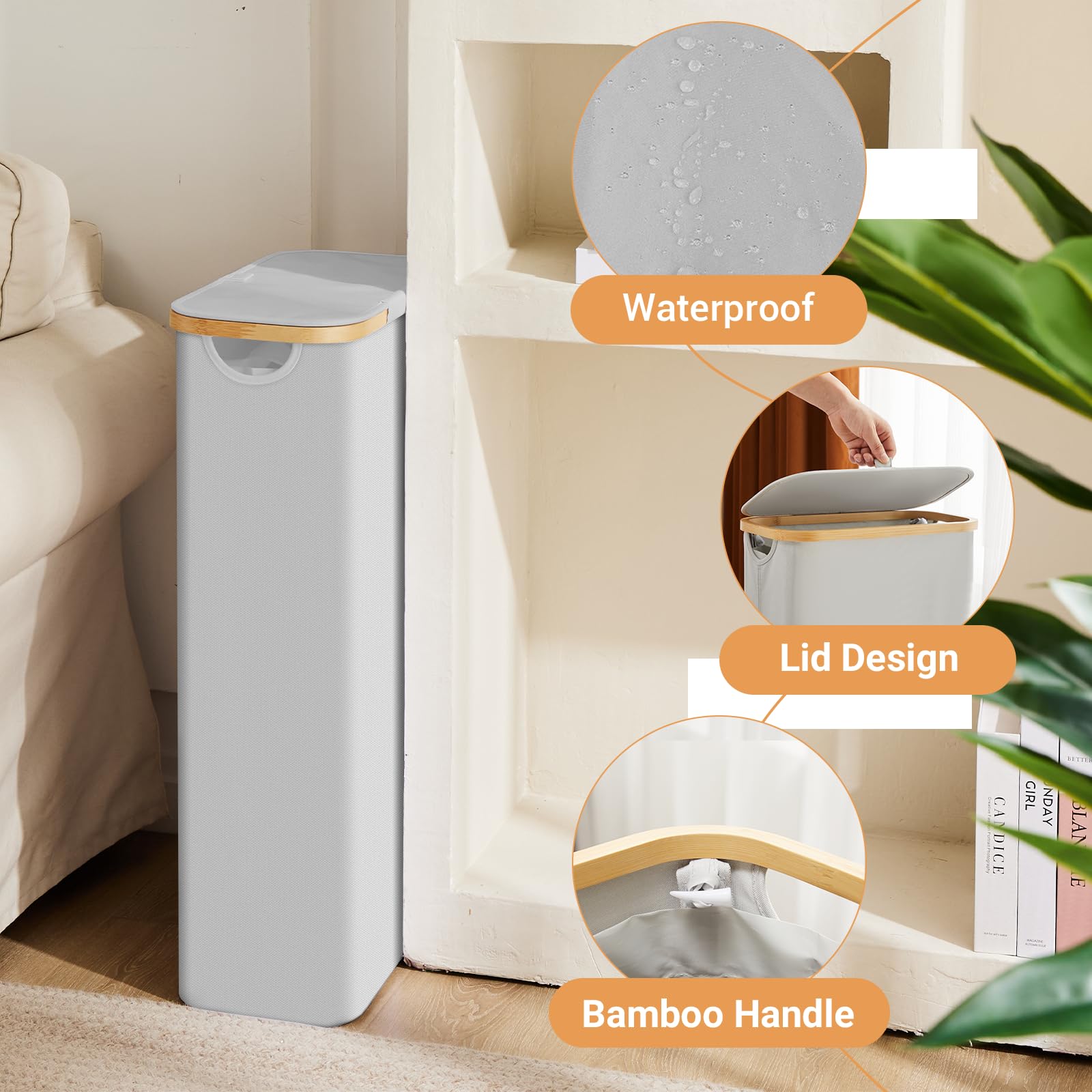 Fiona'S Magic Slim Laundry Hamper With Lid, 63L Narrow Laundry Basket With Removable Bag, Grey Collapsible Dirty Clothes Basket,