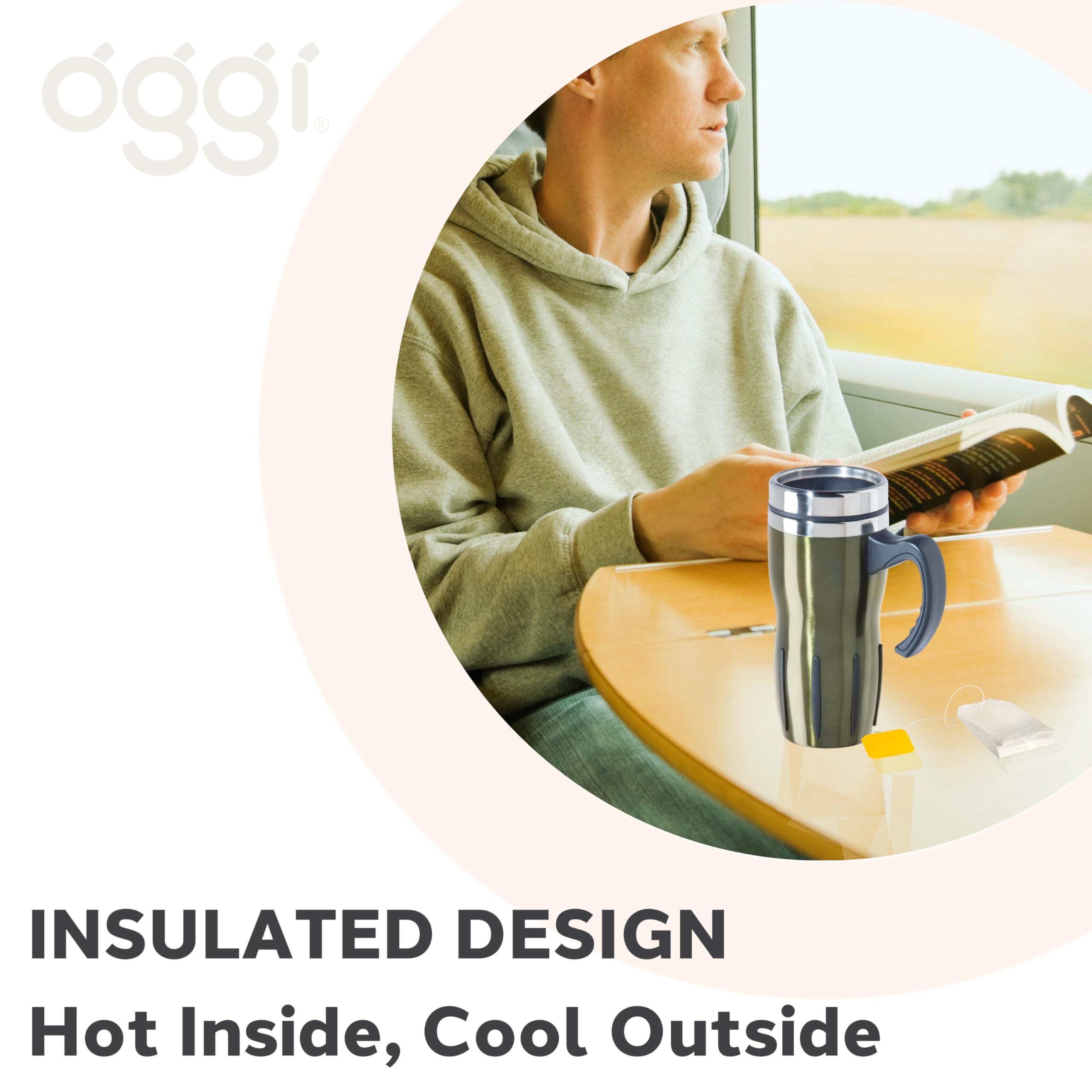 Oggi Multigrip Stainless Steel Thermal Travel Mug - Olive, 16Oz, With Slide Open Lid For Hot And Cold Beverages.