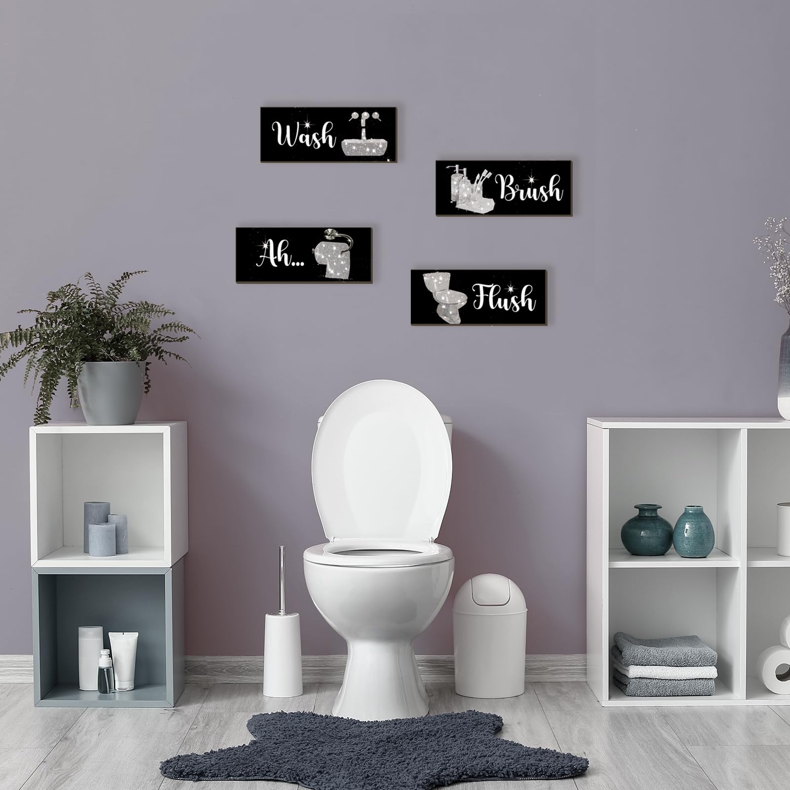 FENCORDAR 4 Pcs Silver Bathroom Decor Funny Silver And Black Wall Art Wooden Bathroom Accessories Modern Funny Glitter Set for H