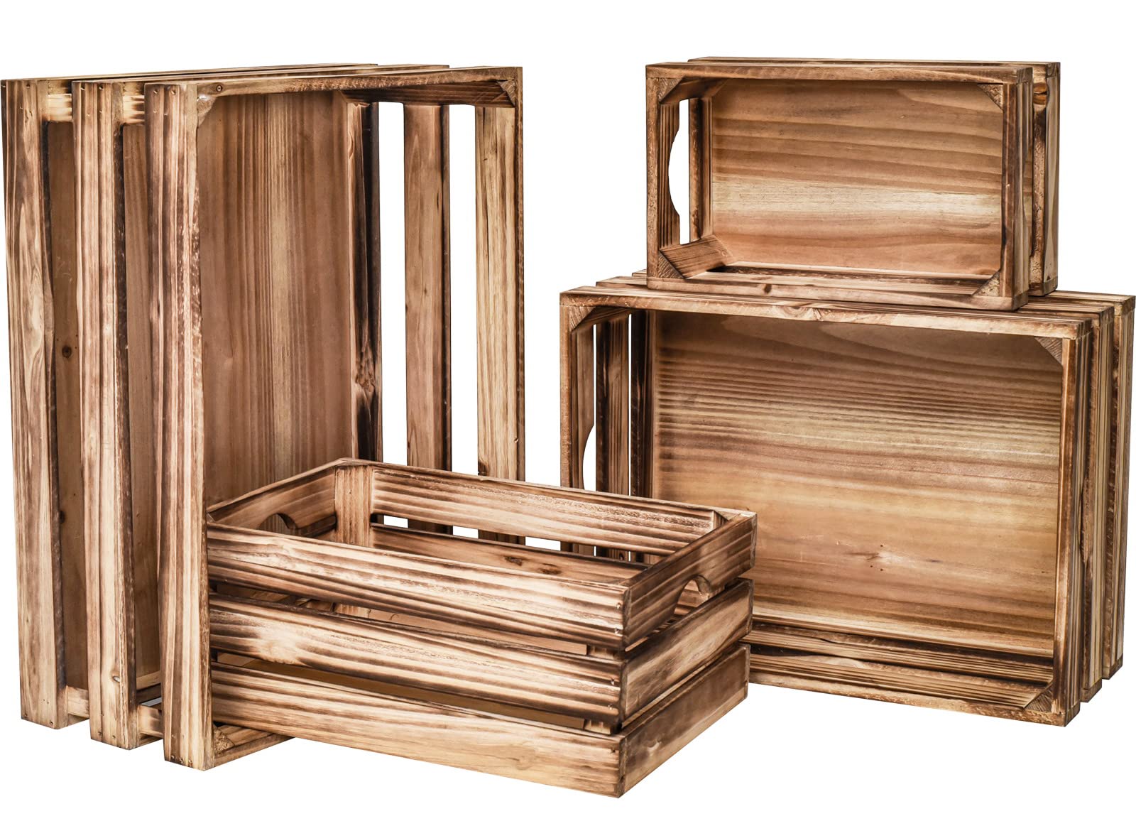 MACVAD Set of 4 Large Torched Wood Decorative Storage Crates, Nesting Wooden Crates for Display Rustic, Farmhouse Wooden Storage
