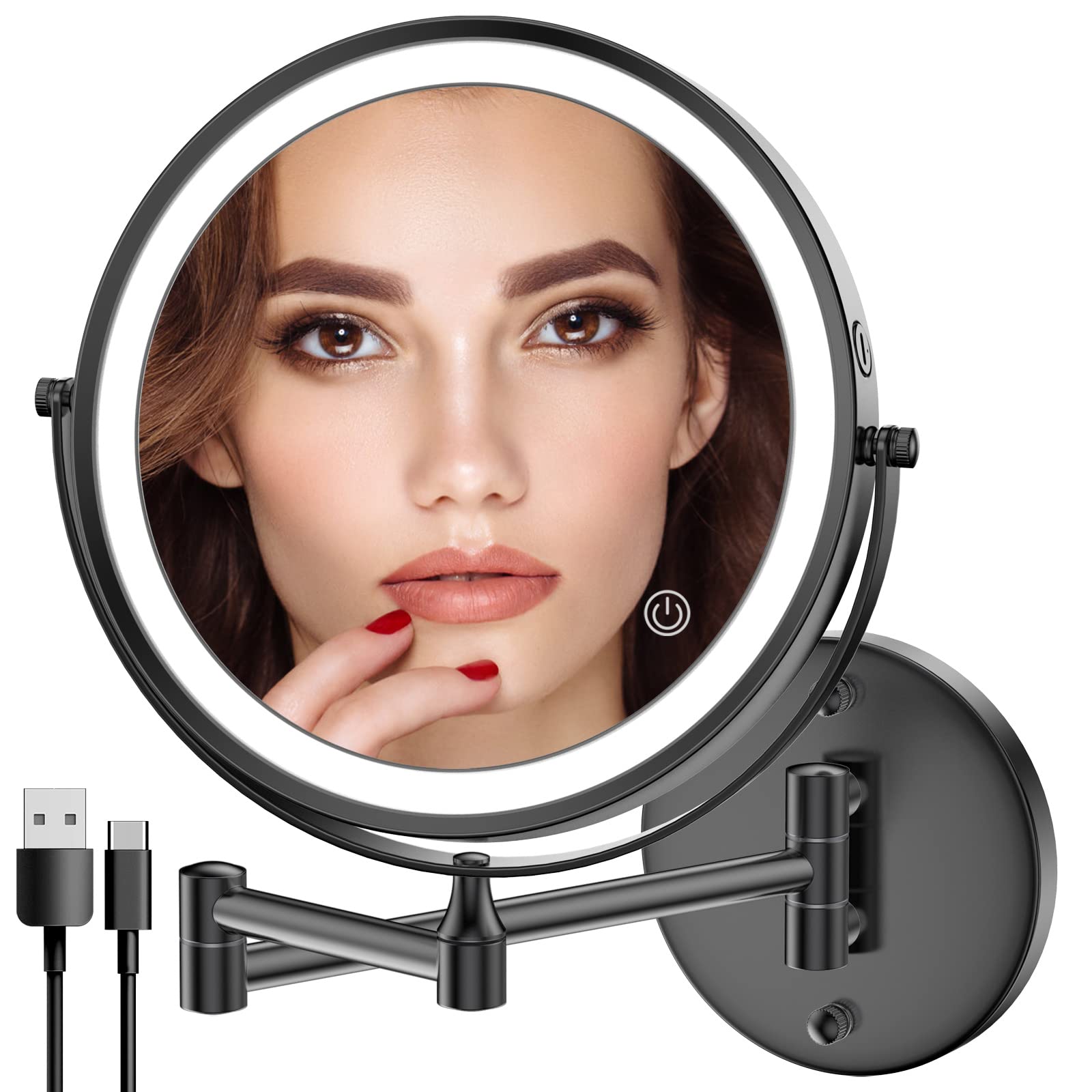 Rocollos Rechargeable Lighted Makeup Mirror, Vanity Mirror With 3 Color Lights, Dimmable Touch Screen,8 Inch Led Double Sided 1X