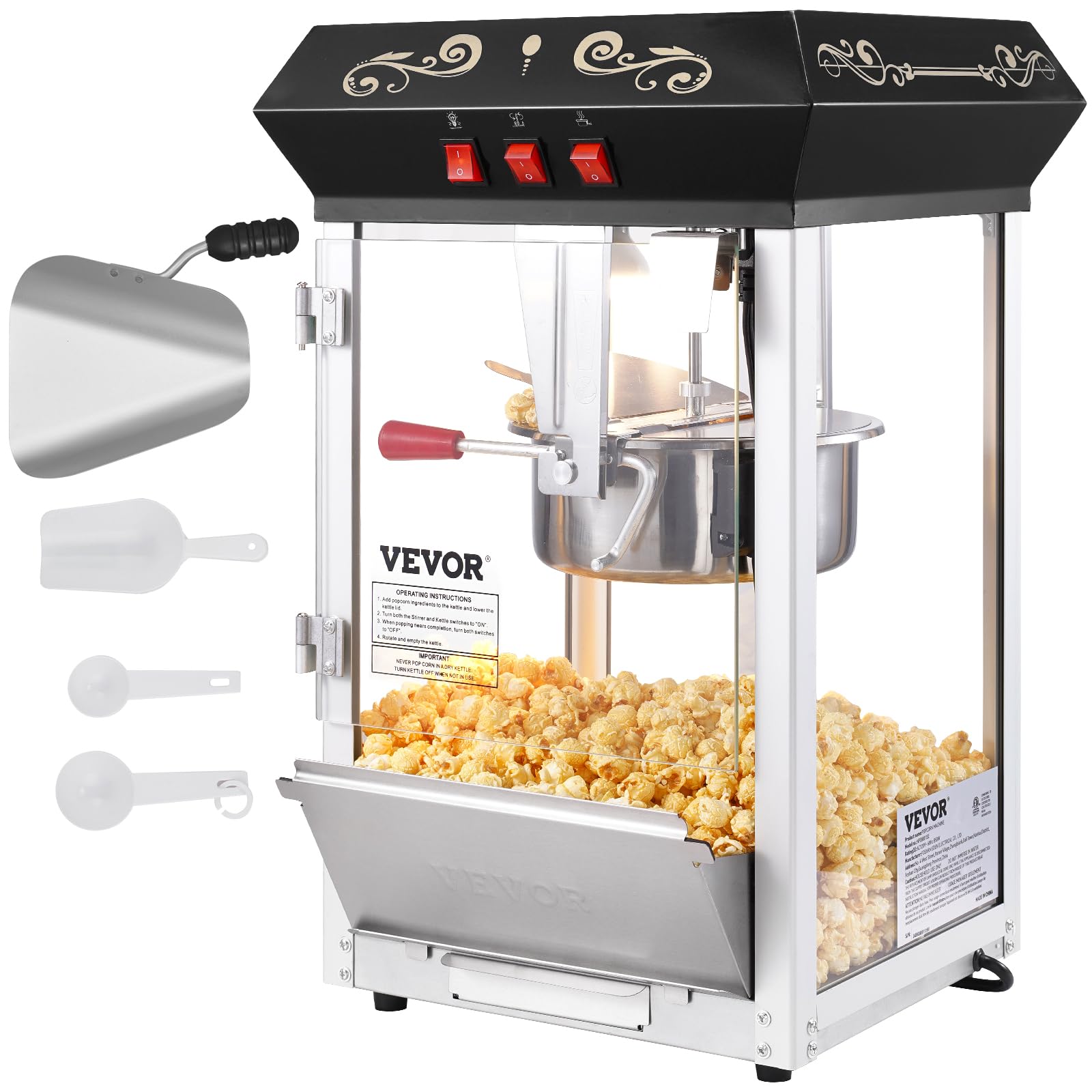 VEVOR Popcorn Maker, 850W Popcorn Popper Machine, 8 Oz Kettle Makes 48 Cups per Batch, Countertop Popcorn Maker with Tempered Gl