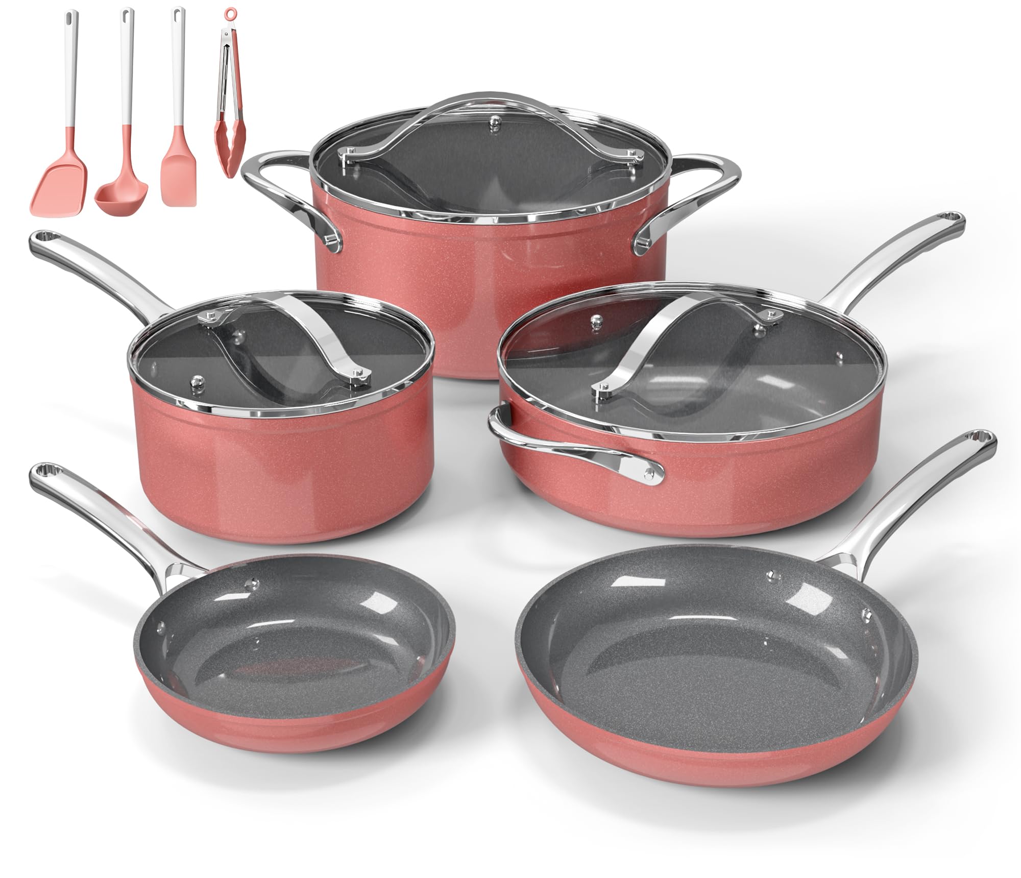Bakken 12-Piece Ceramic Cookware Set, Nonstick Pots and Pans Set, Non-Toxic PTFE & PFAS-Free Cookware with Silicone Utensils, In
