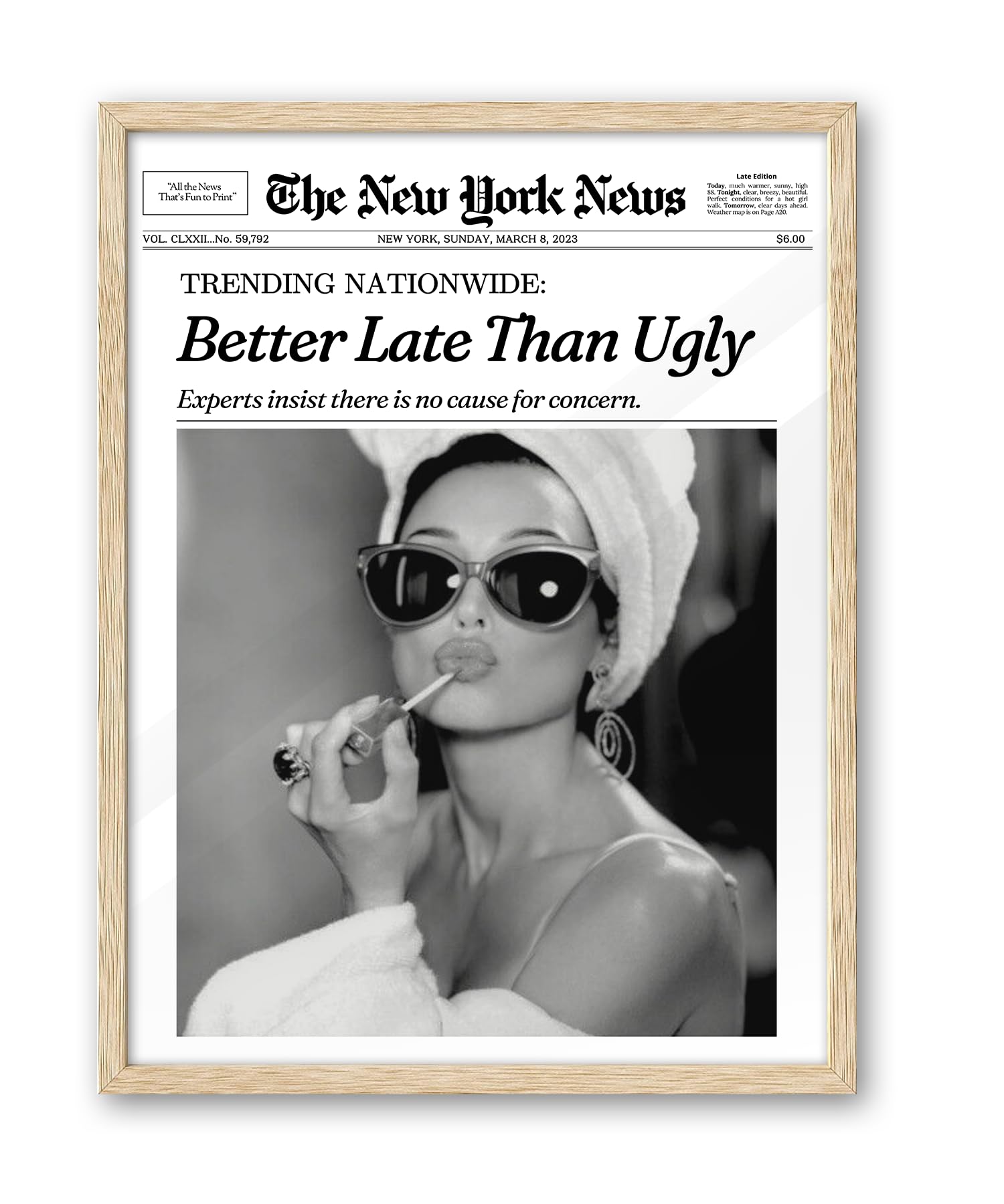 Ihery Natural Oak Wood Hepburn Newspaper Trendy Framed Wall Art, 12X16 In Vintage Headline Canvas Print, Beige Logs Retro Bathro