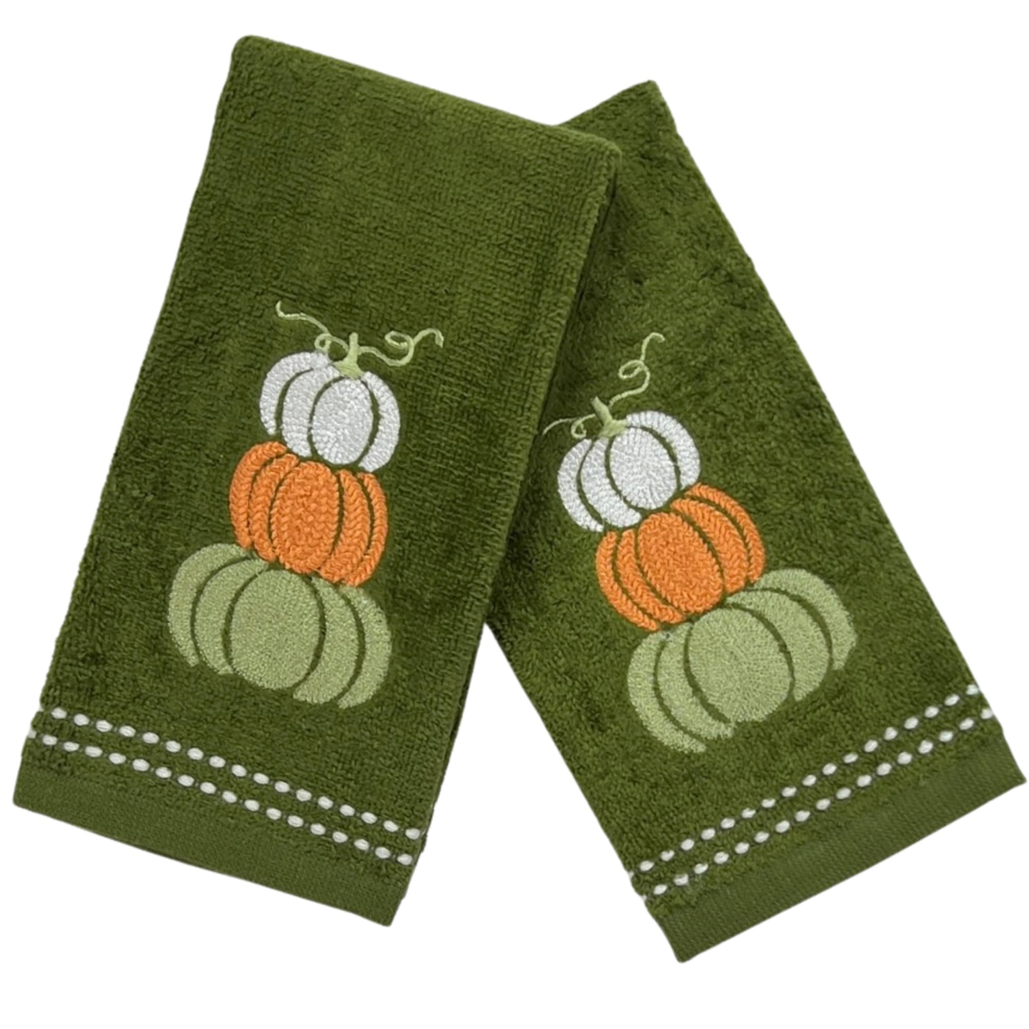 Serafina Home Autumn Fall Bath Fingertip Towels, Forest Olive Dark Green, 100% Cotton, Embroidered Stacked Pumpkin Design, 2 Pie