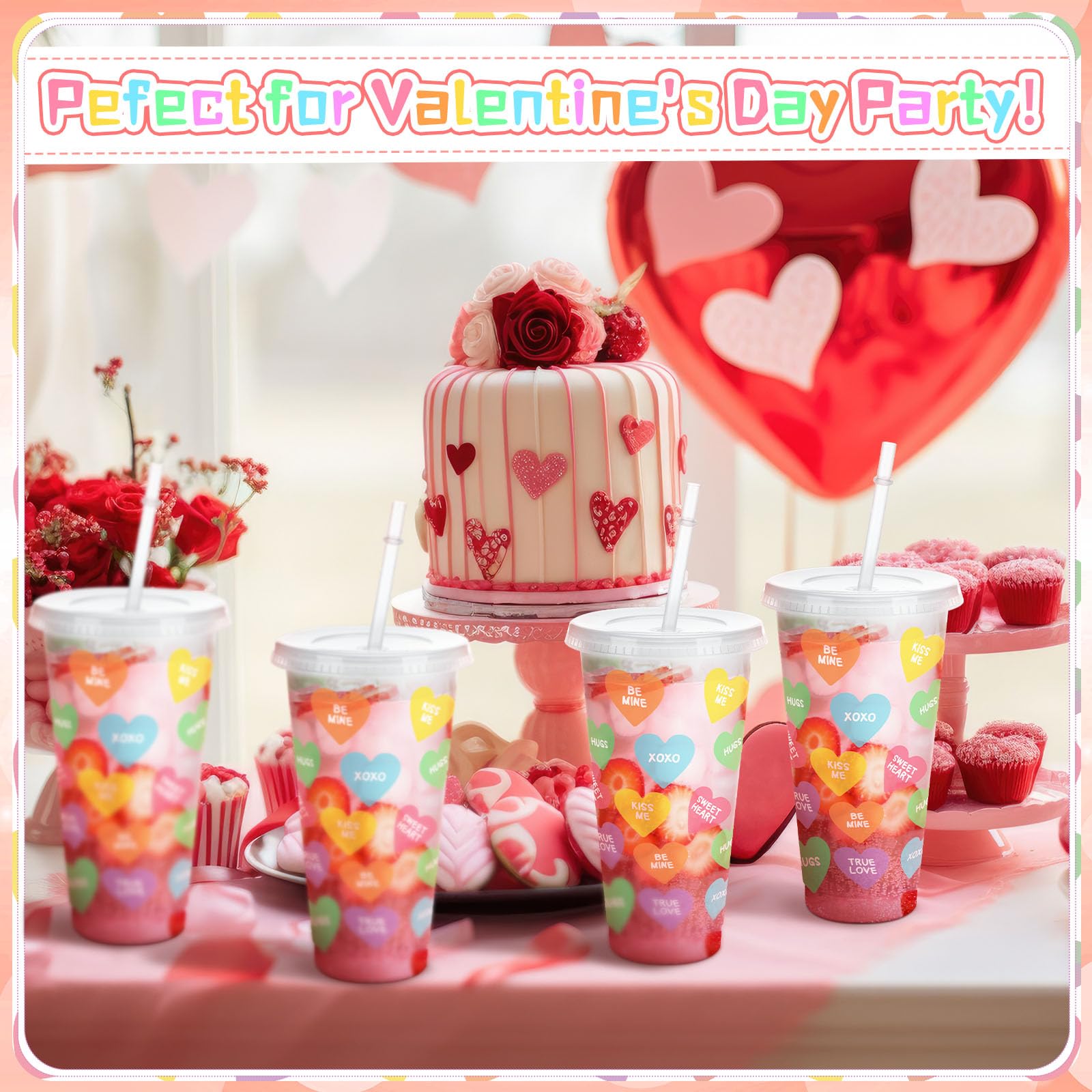 Silifine 12 Pcs 24 Oz Valentine'S Day Conversation Heart Plastic Cups With Lid And Straw Clear Candy Heart Shape Plastic Cup Bul