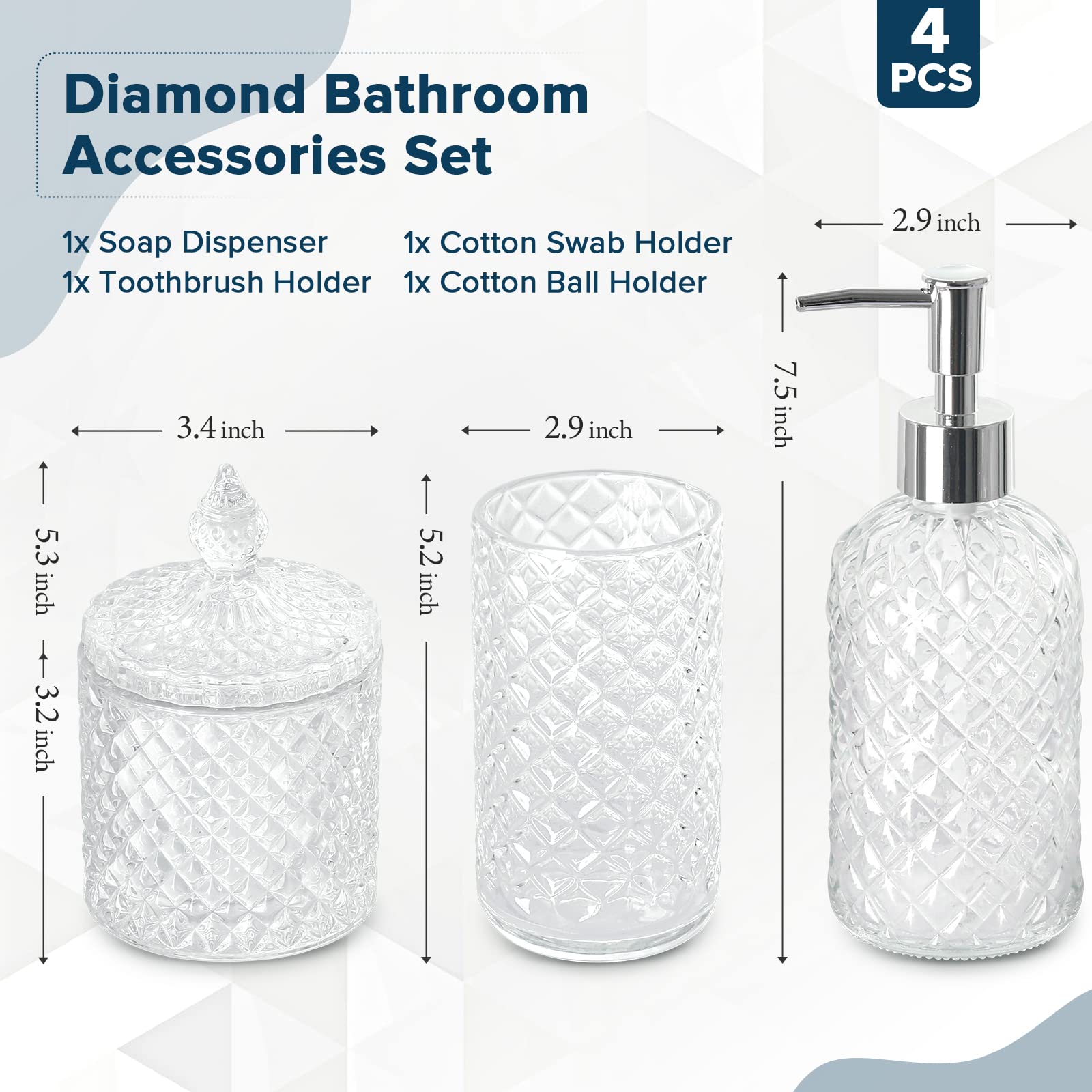 Rytoxilo Bathroom Accessories Set, 4 Pack Clear Glass Bath Accessory Sets Complete, Diamond Soap Dispenser And Toothbrush Holder