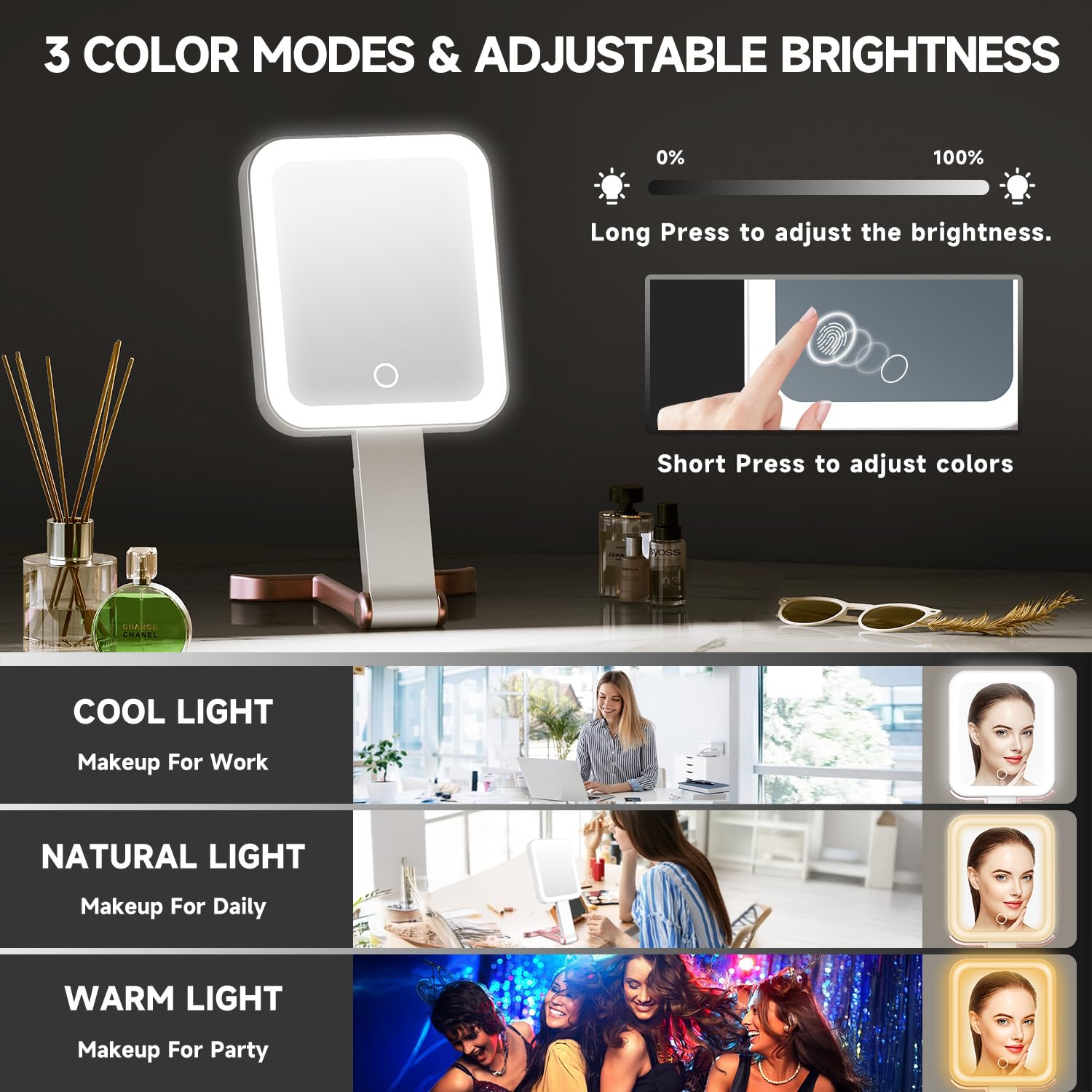 Mocado Travel Makeup Mirror With Lights,10X/1X Magnifying Mirror With Light, Double Sided Travel Mirror With 3 Color Light,Dimma