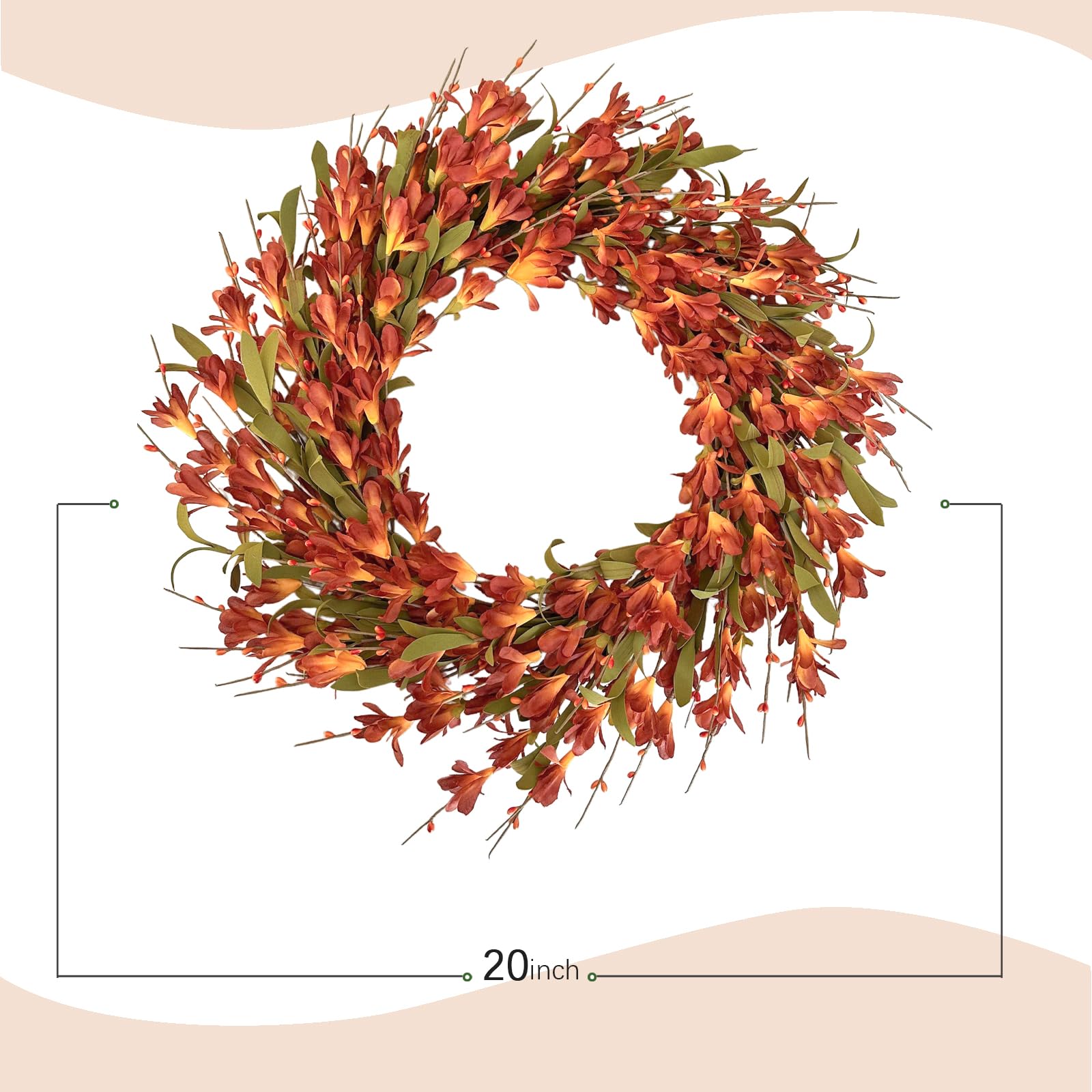 Bibelot 20inch Artificial Forsythia Flower Wreath Spring Summer Fall Wreath Silk Leaves Decoration for Front Door Porch Farmhous