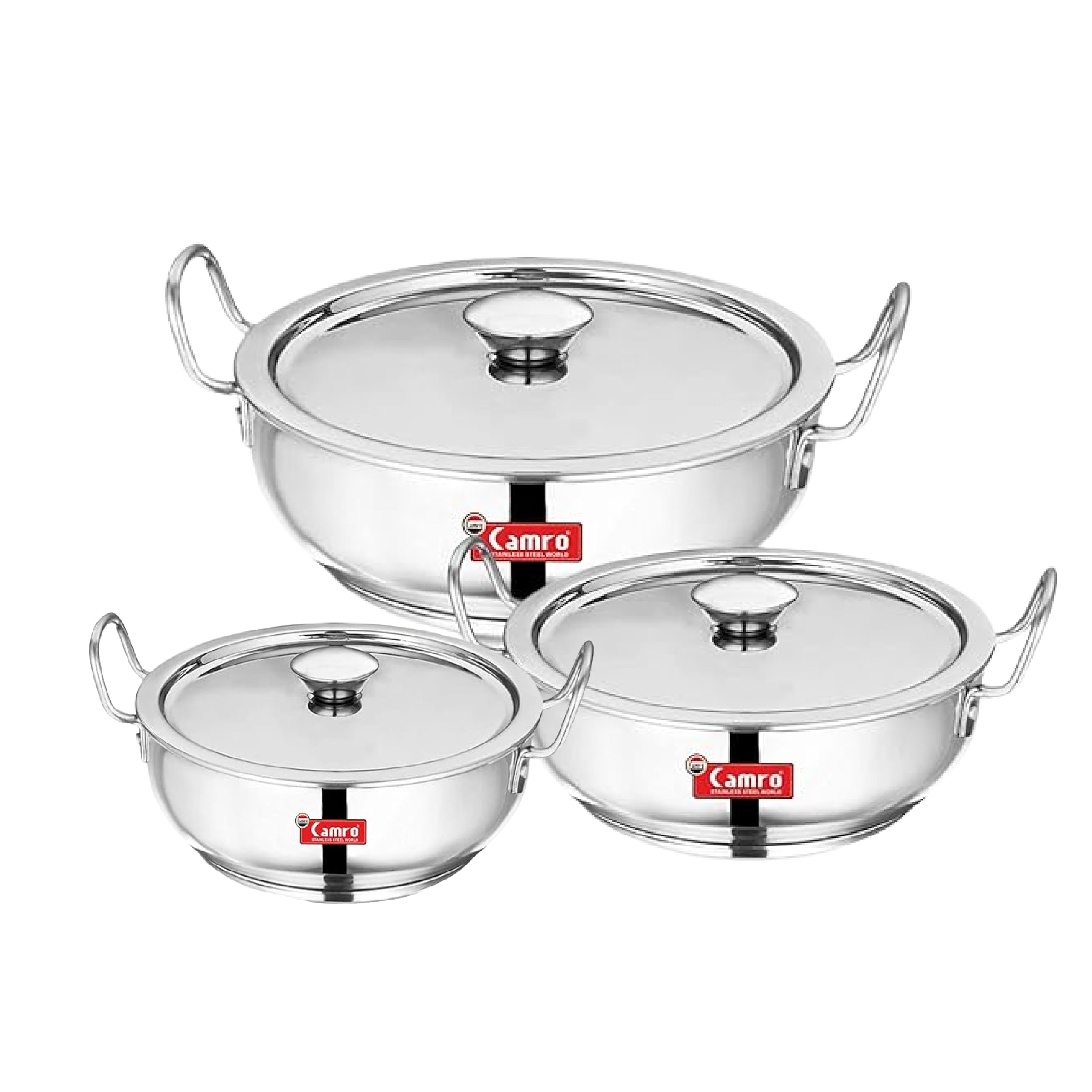 Camro Stainless Steel Kadhai Set Of 3 With Lid (4 L, 5 L & 6.1 Litre) | Heavy Gauge Induction Bottom Kadai Set | Deep Frying & C
