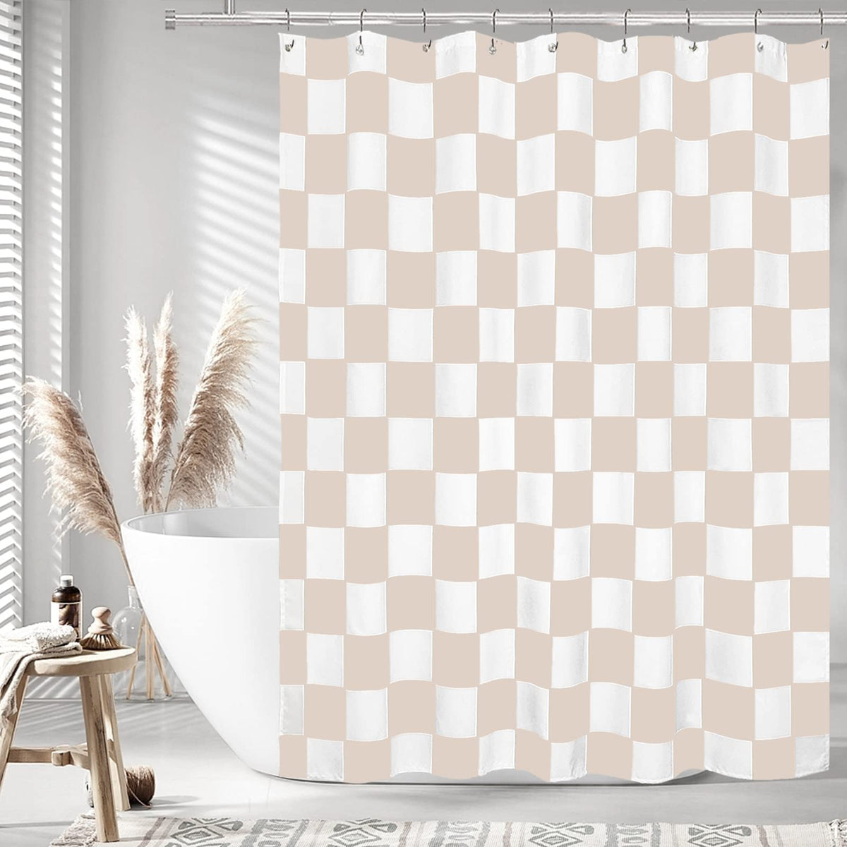 Tititex Aesthetic Checkerboard Grid Pattern Shower Curtain, White Cream Modern Shower Curtain Sets Decoration 71X71 Inch With Ho