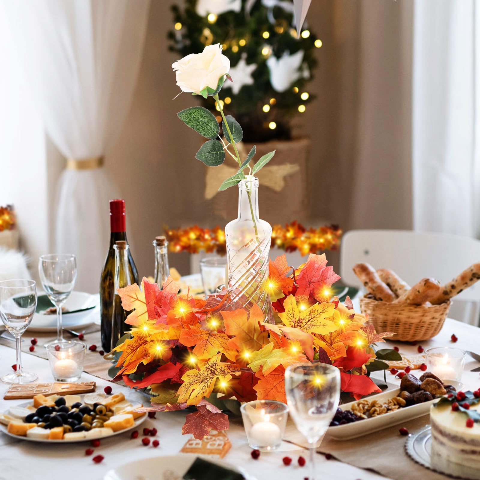 2PCS Fall Garland with Light, Fall Leaves Decor Garland Lights 40 LED Artificial Fall Leaves Autumn Garland Halloween Decoration