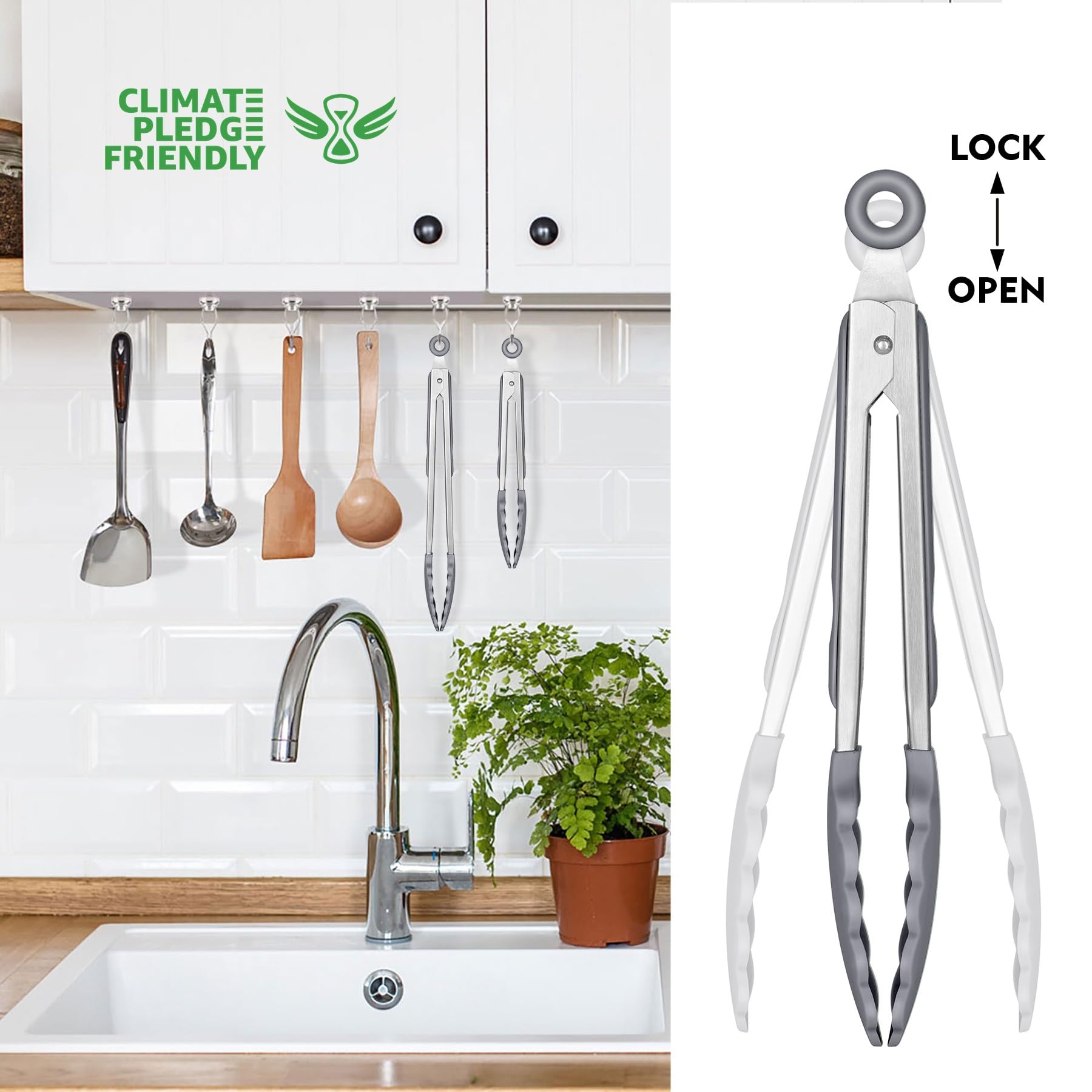 Hotec Premium Stainless Steel Locking Kitchen Tongs With Silicon Tips, Set Of 2-9 '' And 12 '' Light Grey