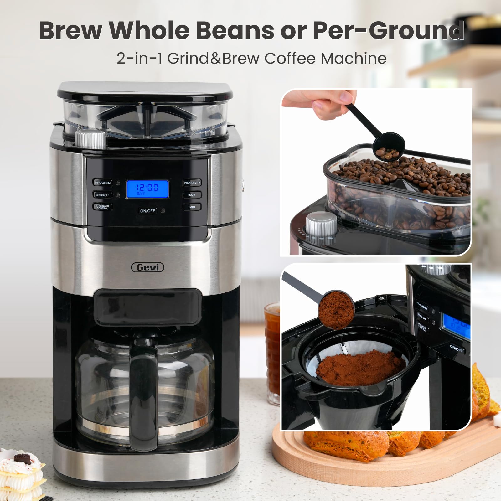 Gevi 10-Cup Drip Coffee Maker With Built-In Grinder, Programmable Brew Coffee Machine With Timer, Reusable Filter, 1.5L Water Ta