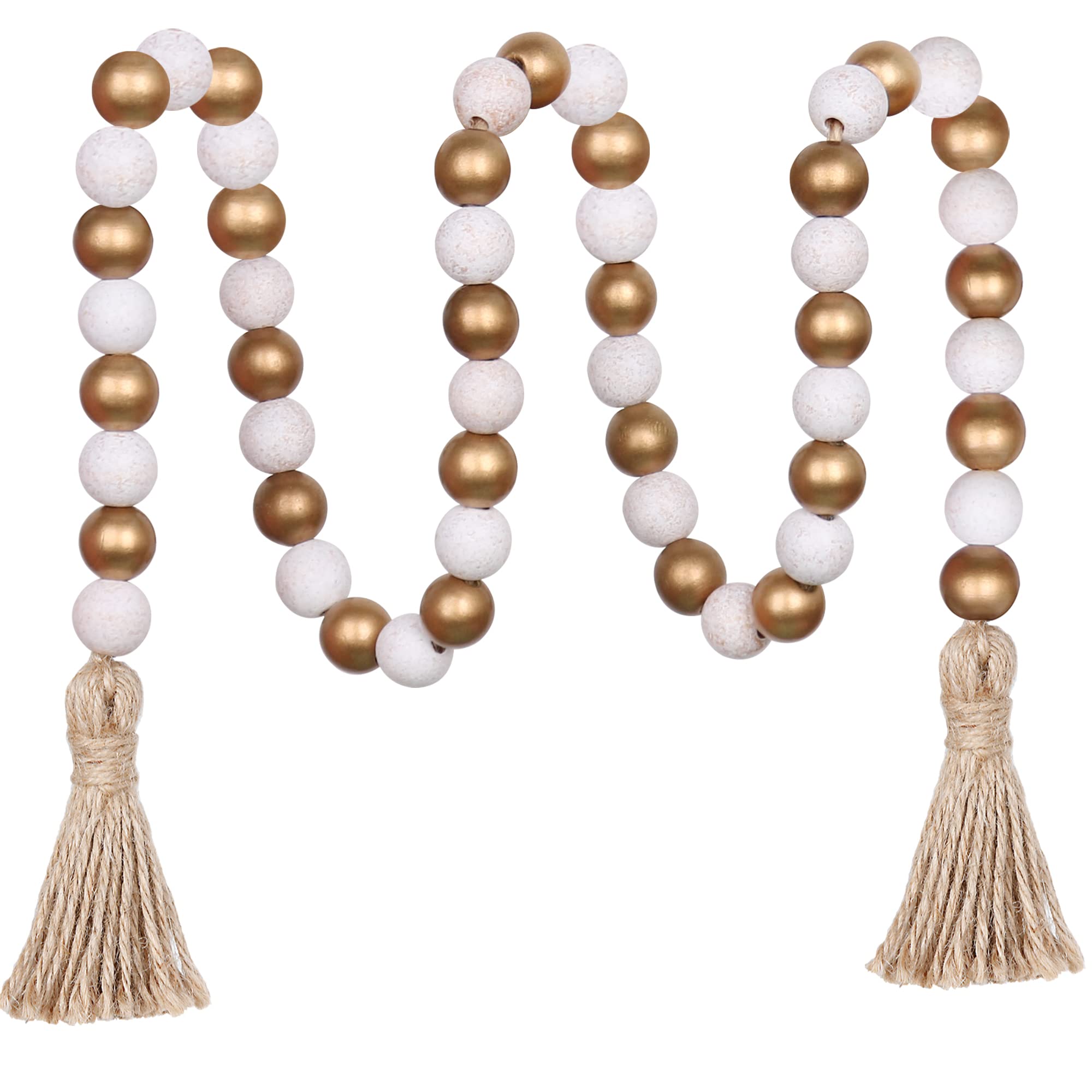 Meplait Wood Bead Garland,39in Farmhouse Beads with Tassels Boho beads for Tiered Tray decorative beads home decor(Gold & Wash W