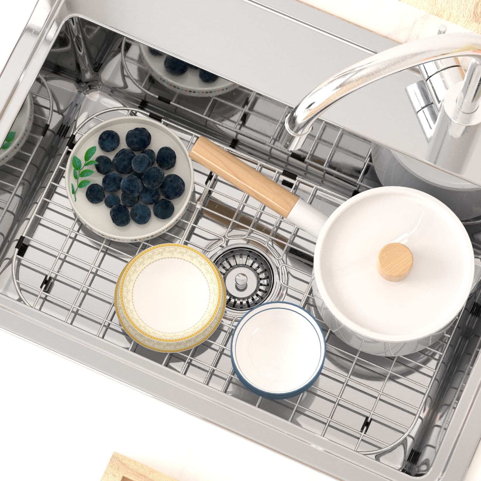 SANNO 26'' L X 14'' Sink Grid Protectors  Sink Protector Grid for Kitchen Sink Rack Bottom Grid Centered Drain Hole with Corner Radius  304 Stainless Steel