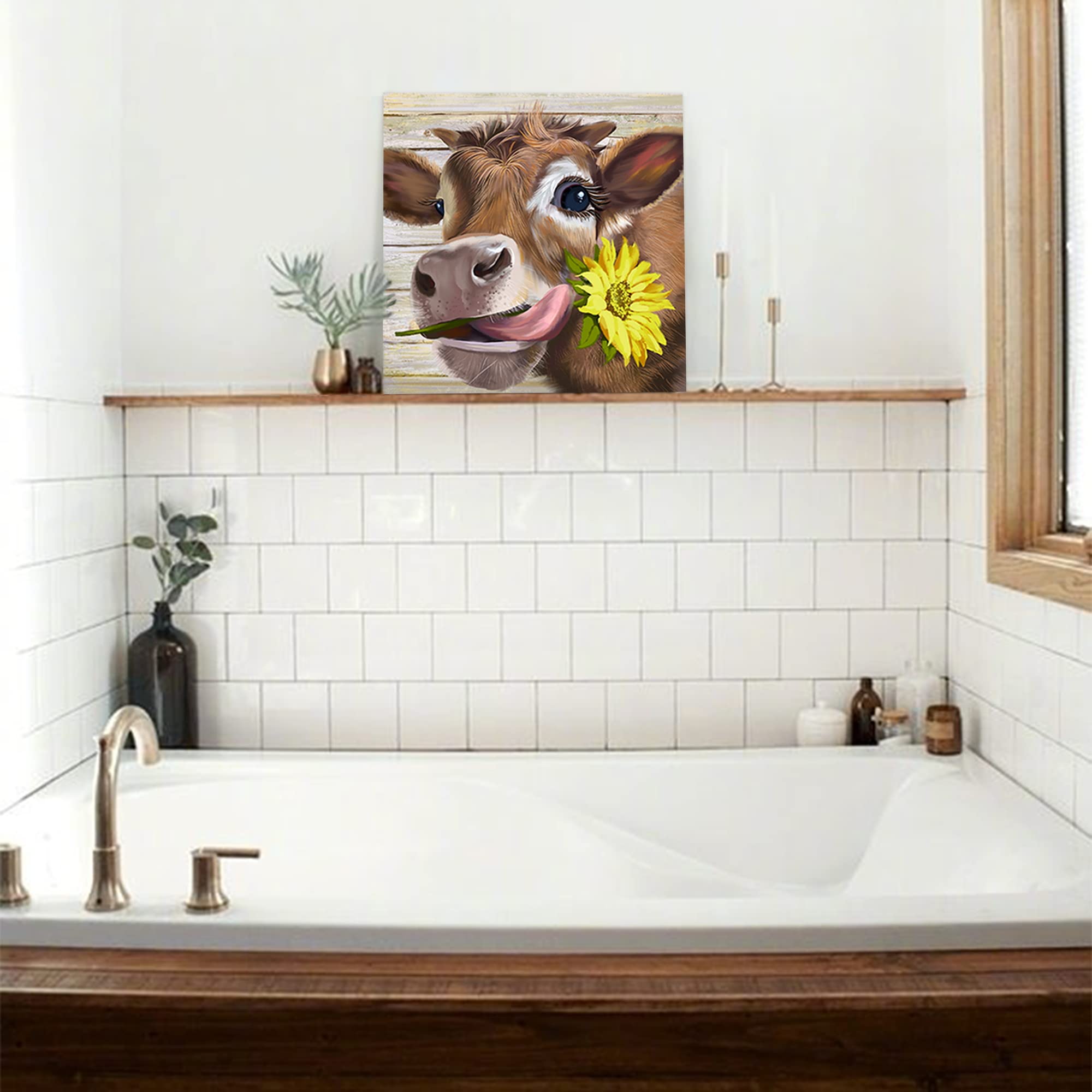 Cow Pictures Wall Decor Country Farmhouse Canvas Wall Art Rustic Sunflower Bathroom Decor Framed Artwork Paintings For Wall Deco