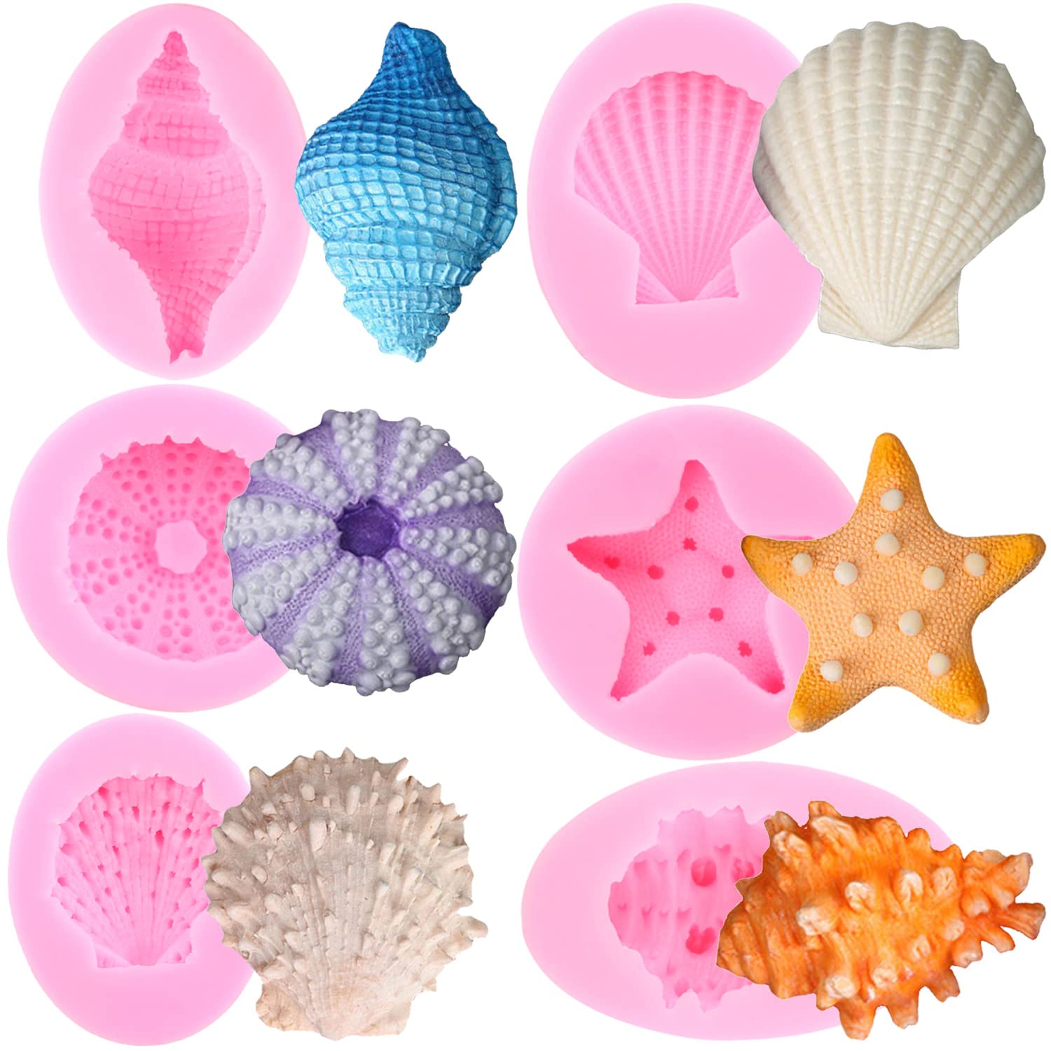 Mujiang Seashell Silicone Molds Conch Starfish Fondant Mold Sea Urchin Candy Mold For Cake Decorating Cupcake Topper Chocolate S