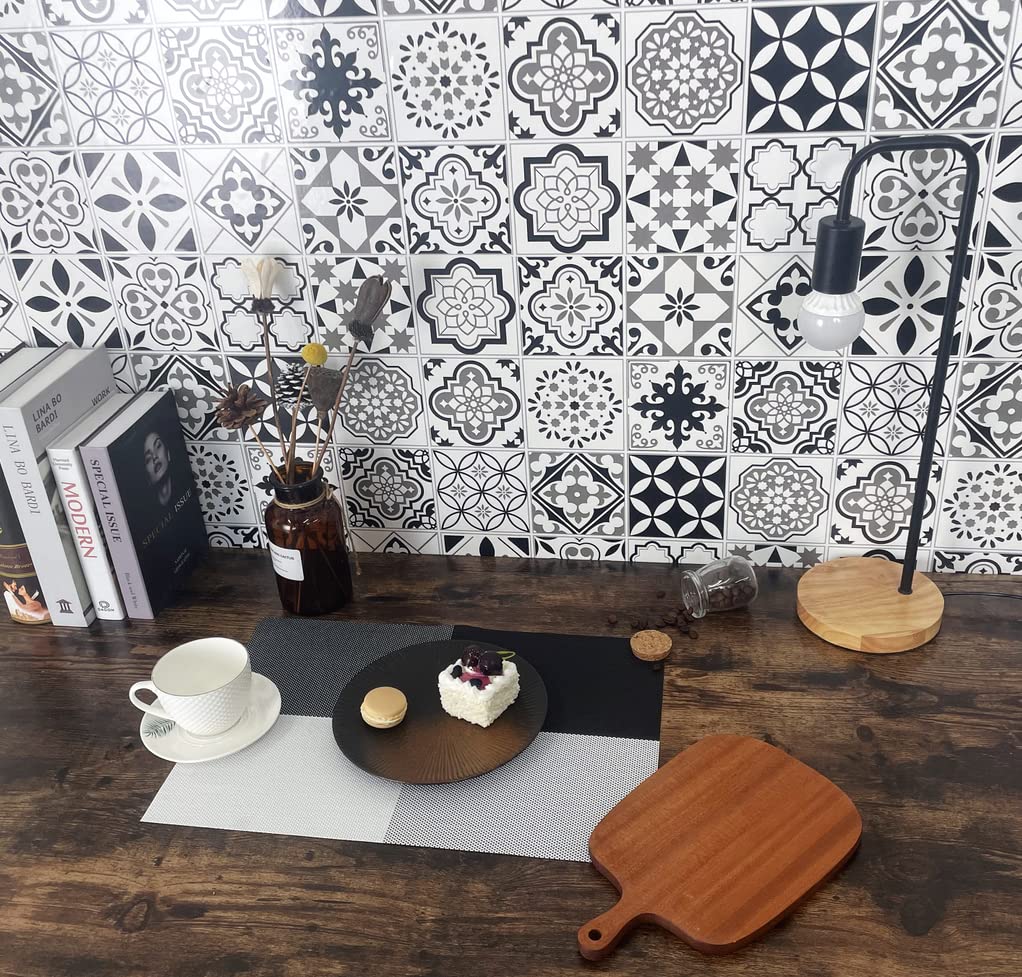 Heloho Placemats Set Of 6 Black And White Placemats Heat-Resistant Washable Vinyl Woven Table Mats Wipeable Placemat For Kitchen