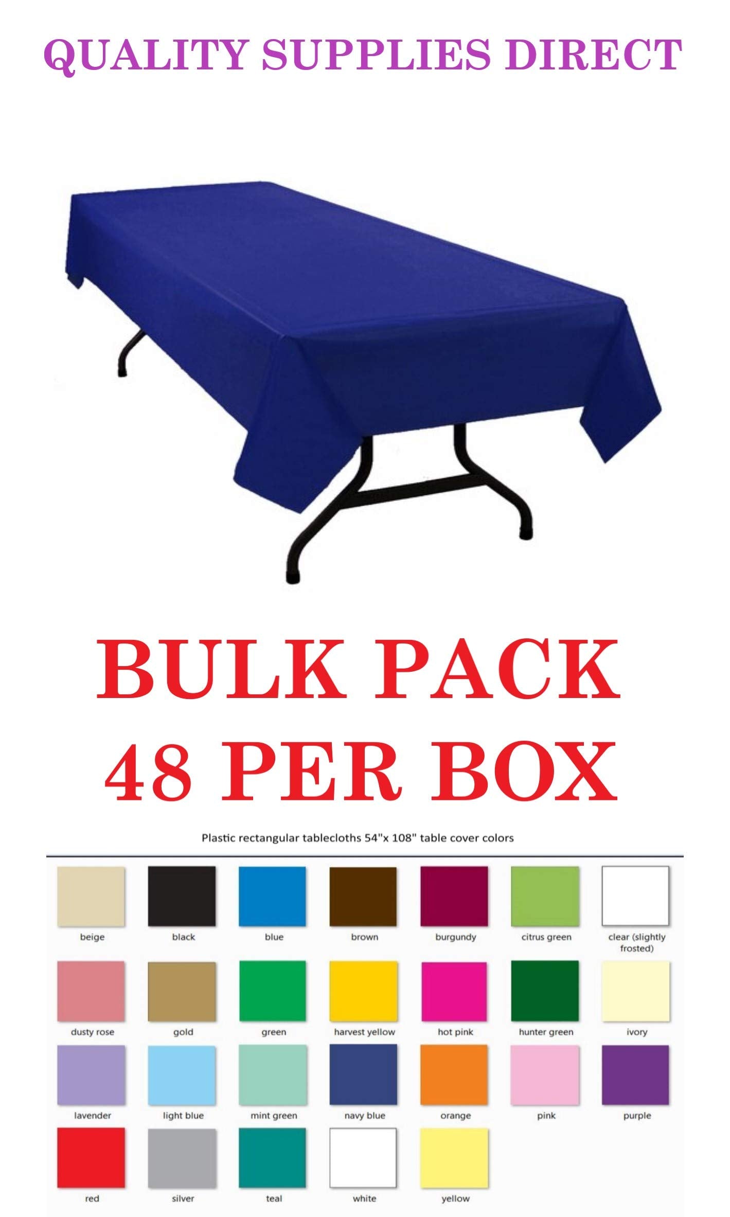Qsd Navy Blue Disposable Plastic Tablecloth 48-Pack 54 Inch X 108 Inch Rectangle Table Cover By Quality Supplies Direct (30+ Col