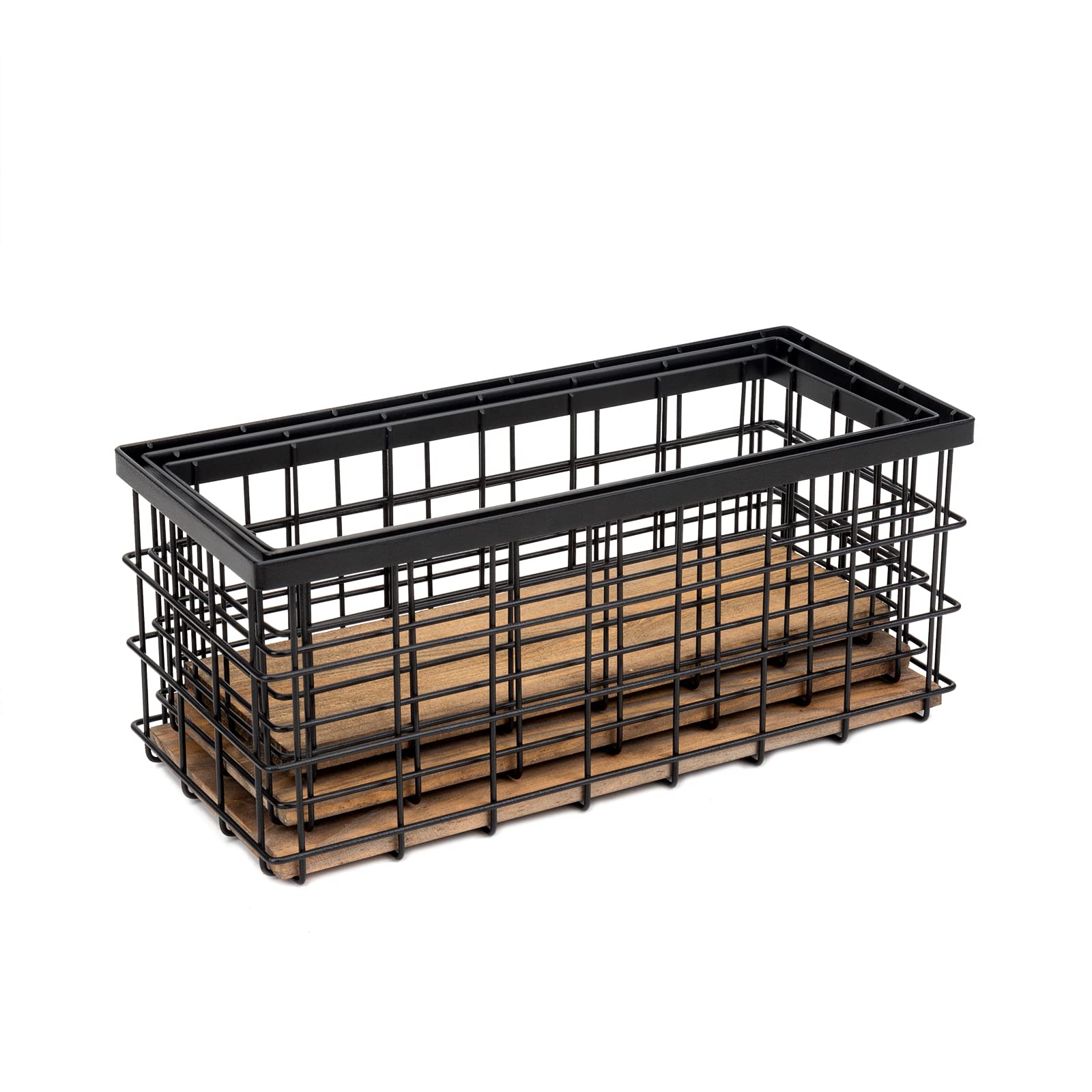 Tieyipin Farmhouse Decor Metal Wire Storage Baskets, Wood Base Containers Organizing Basket Caddy Bin For Kitchen Cabinets, Bath