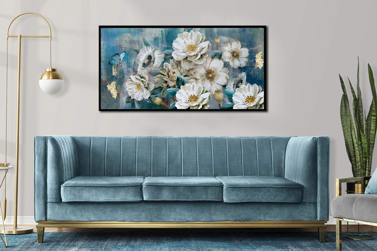 Arjun Flowers Canvas Wall Art White Elegant Modern Picture Gold Foil Painting Turquoise Floral Teal Artwork For Living Room Bedr