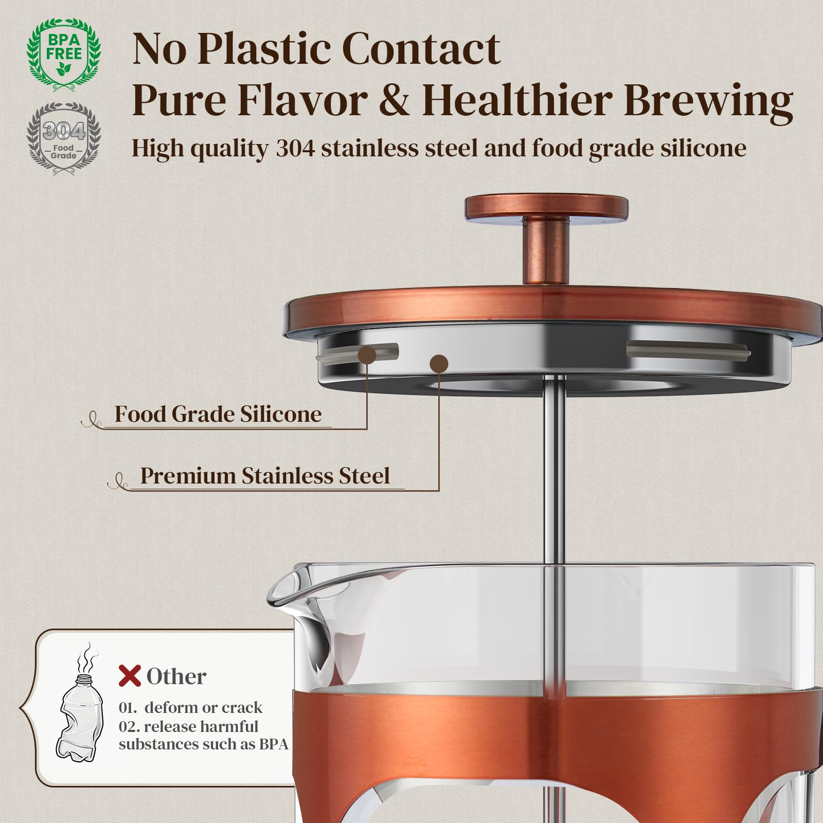 Veken French Press Coffee Maker 34oz 1 L, No Plastic Touching Cafe, Heat Resistant Thickened Borosilicate Glass, Stainless Steel