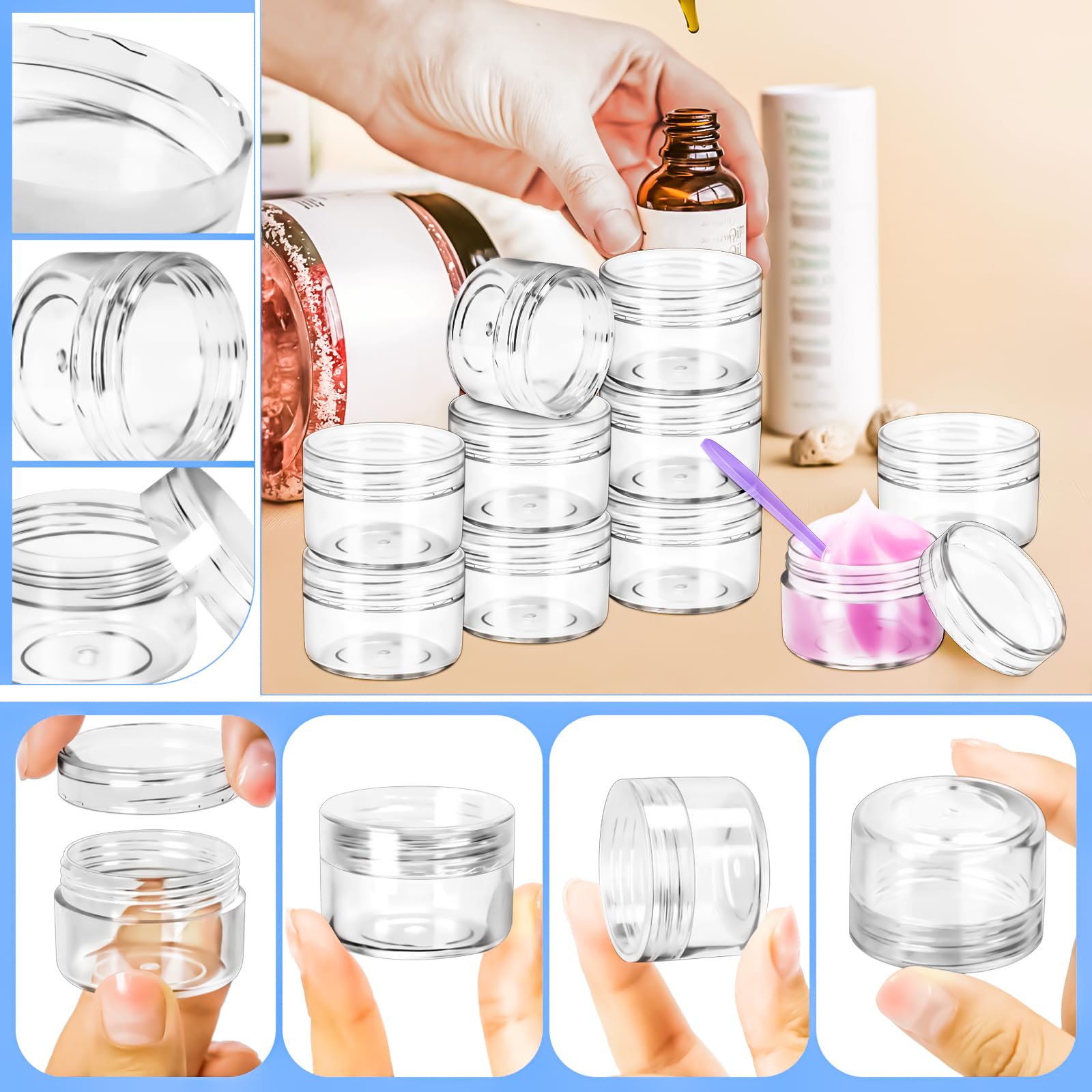 Motbach 40 Pcs 15G Empty Plastic Containers With Clear Lids,Small Makeup Sample Containers,0.5Oz Small Sample Pot Jars Round Tra