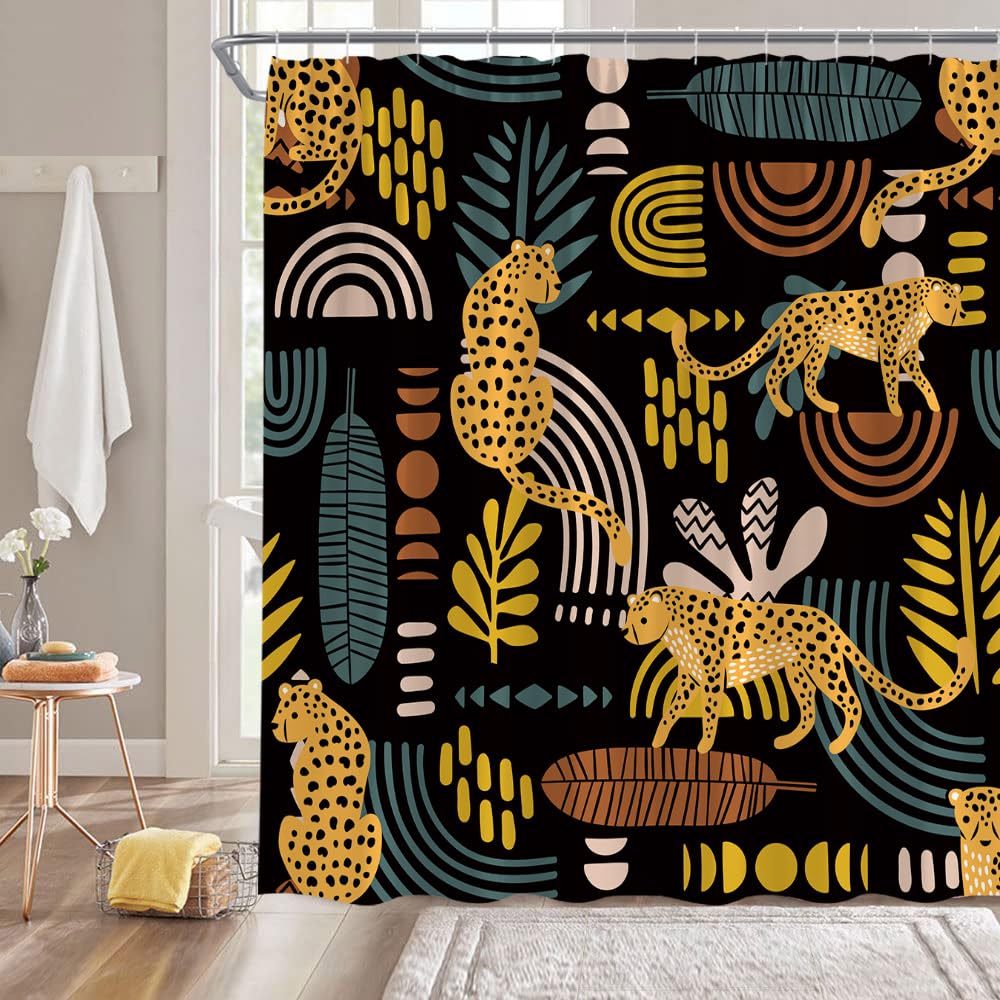 Ccxtcz Leopard Palm Leaves Shower Curtain Boho Cheetah Tropical Wildlife African Animal Abstract Geometric Minimalist Neutral Mo