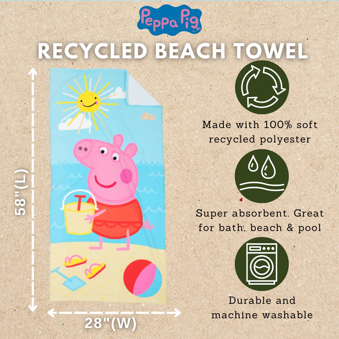 Franco Peppa Pig Kids Super Soft Lightweight 100% Recycled Bath/Pool/Beach Towel Made From Recycled Plastic Bottles, 58 In X 28