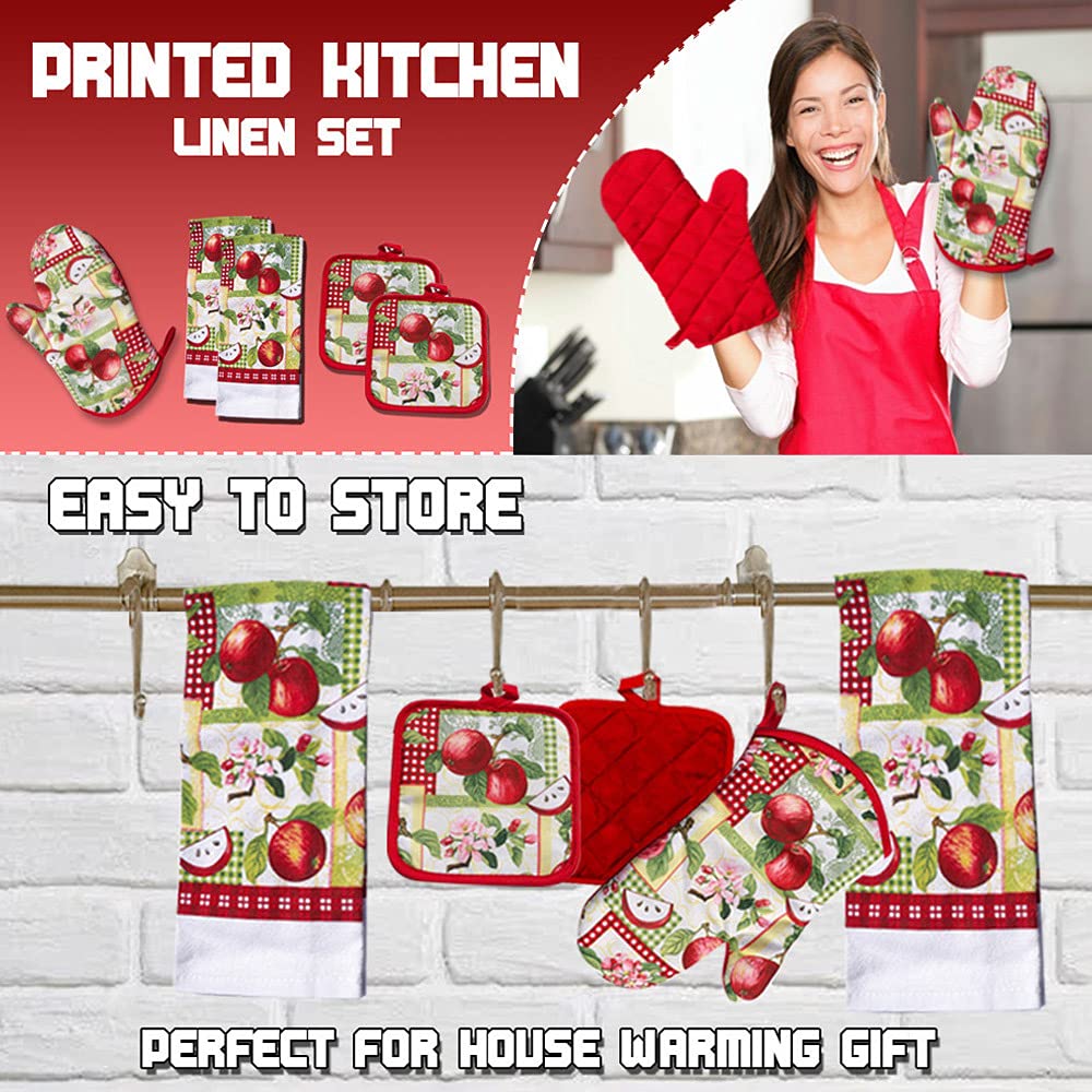 Lobyn Value Packs - 5 Piece Country Kitchen Towel Set: Features Red Apples On A Patchwork Quilt, 2 Decorative Dish Towels, 1 Ove