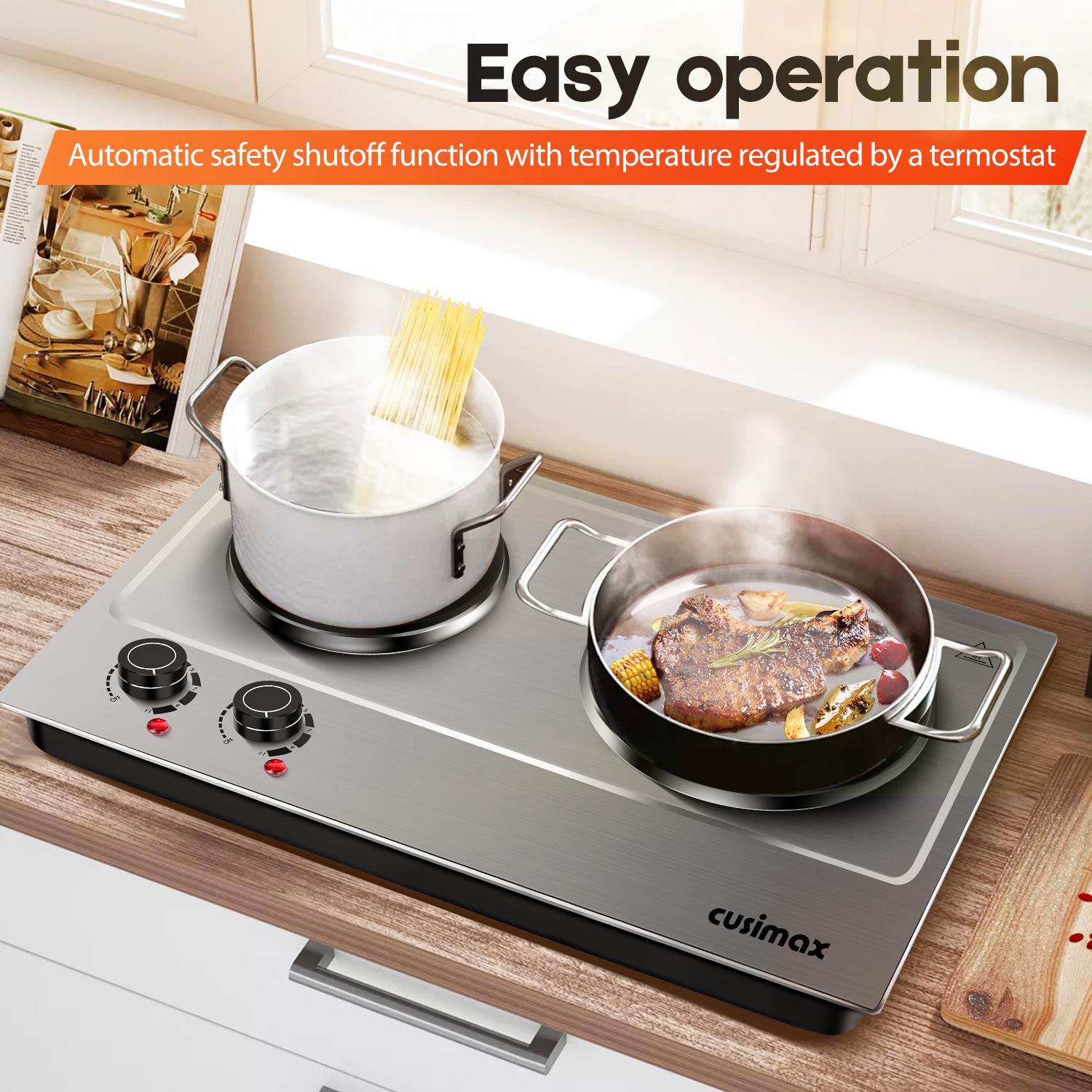 Cusimax 1800W Double Hot Plate, Stainless Steel Silver Countertop Burner Portable Electric Double Burners Electric Cast Iron Hot